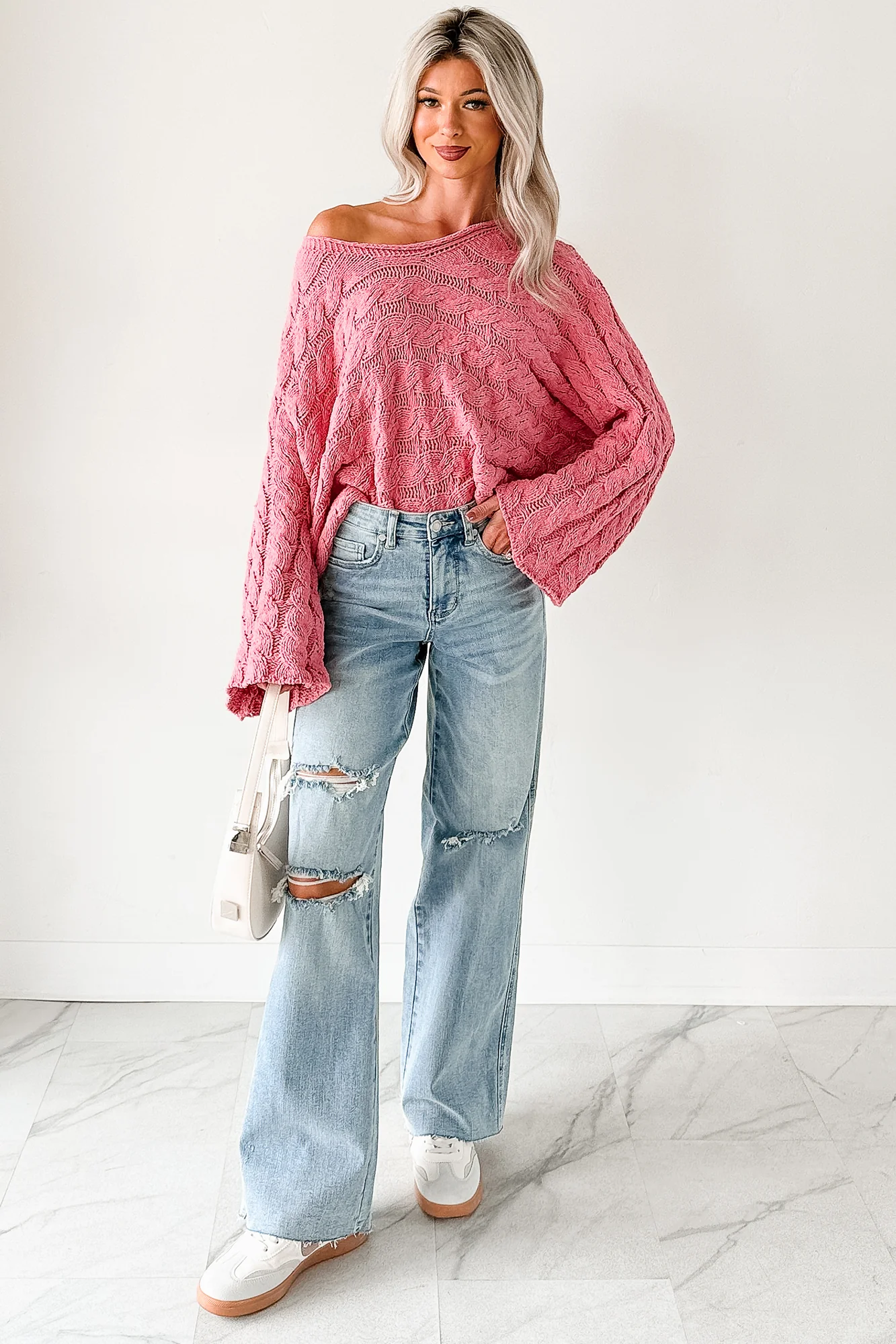 Making My Way Cable Knit POL Sweater (Pink) - Image 2