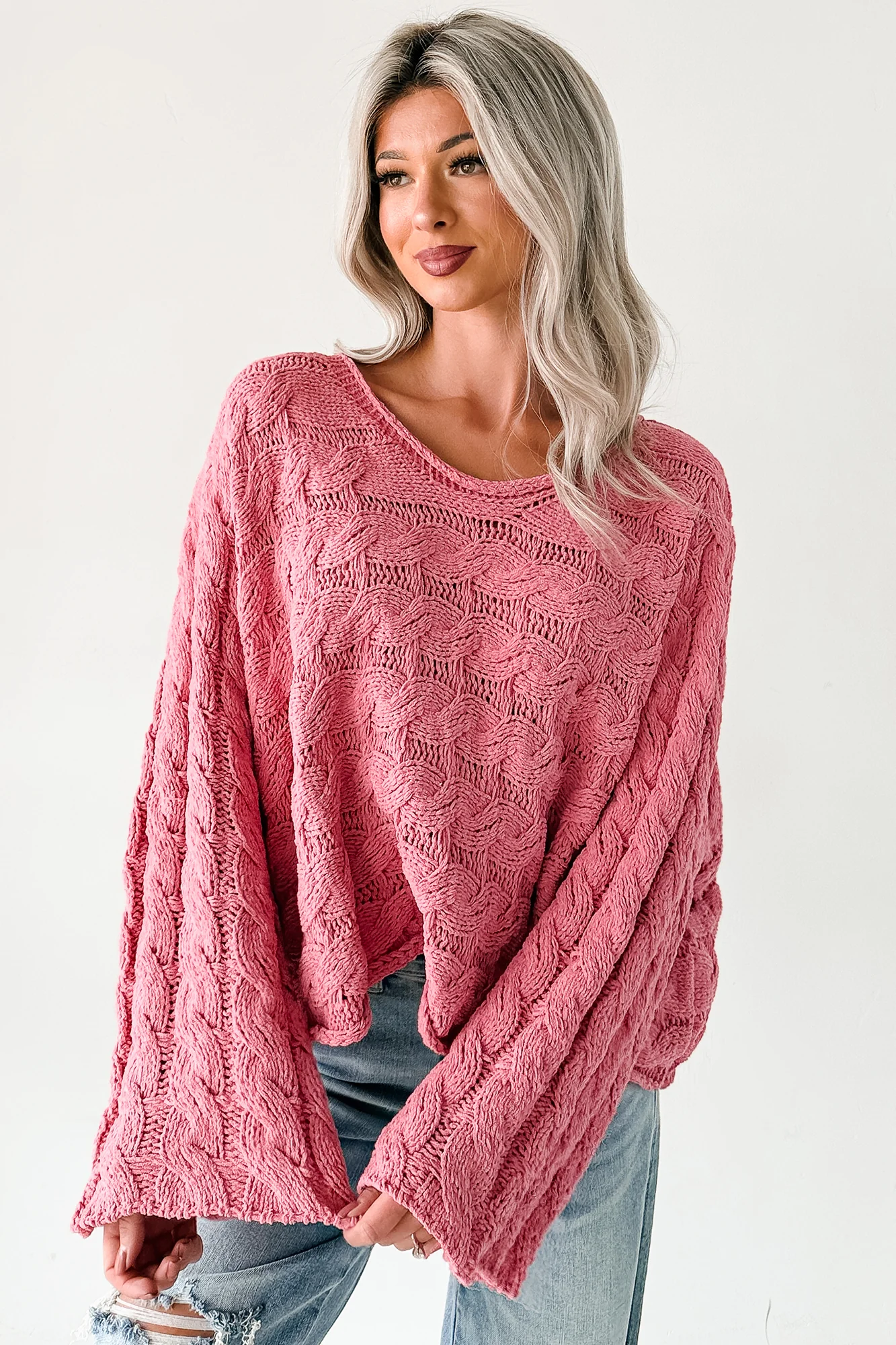 Making My Way Cable Knit POL Sweater (Pink) - Image 3