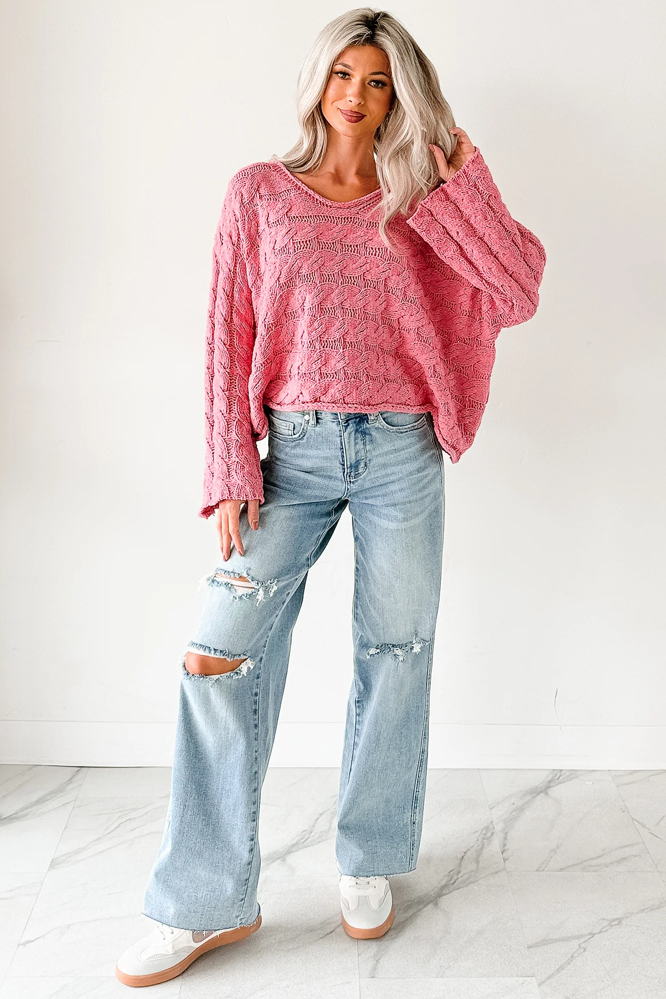 Making My Way Cable Knit POL Sweater (Pink) - Image 4