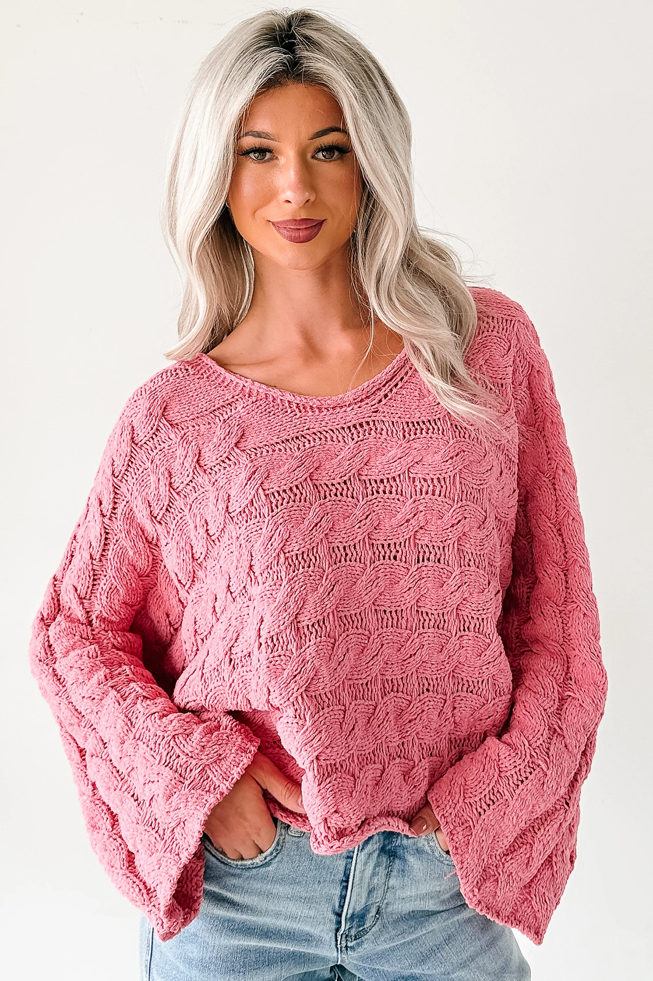Making My Way Cable Knit POL Sweater (Pink) - Image 8