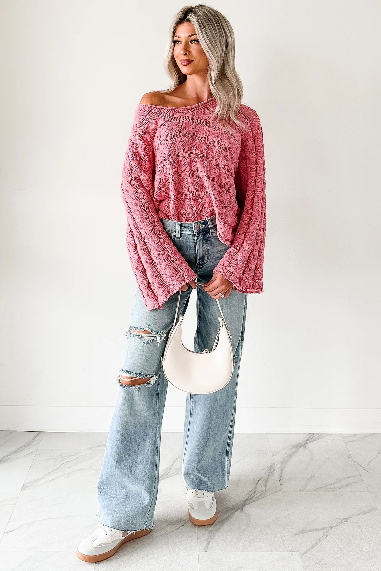 Making My Way Cable Knit POL Sweater (Pink) - Image 9