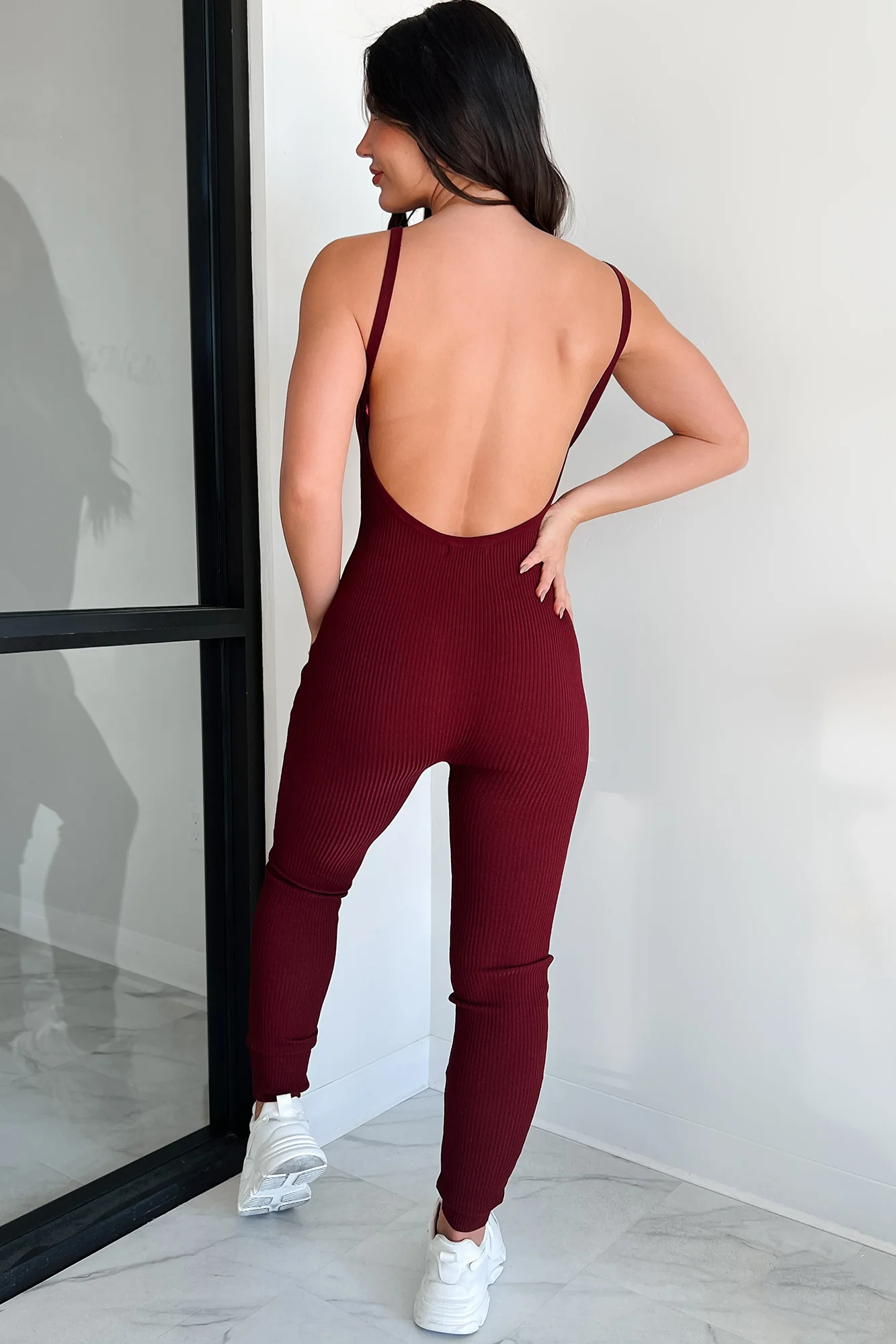 Making Things Right Rib Knit Backless Jumpsuit (Wine) - Image 3