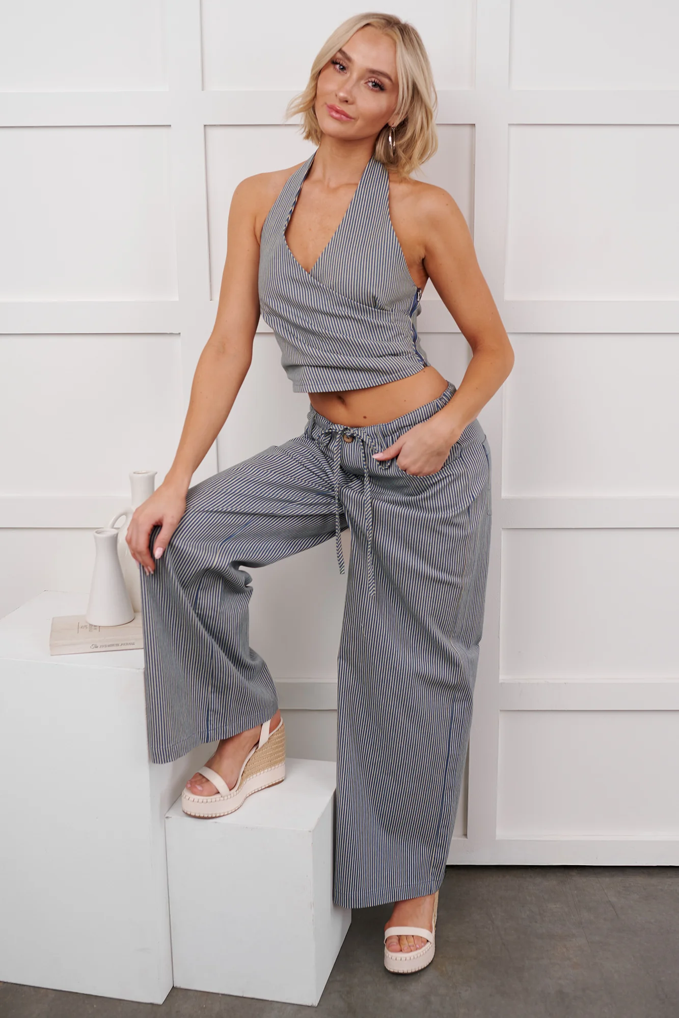 Malani Striped Wide Leg Denim Pants (Blue/White) - Image 4