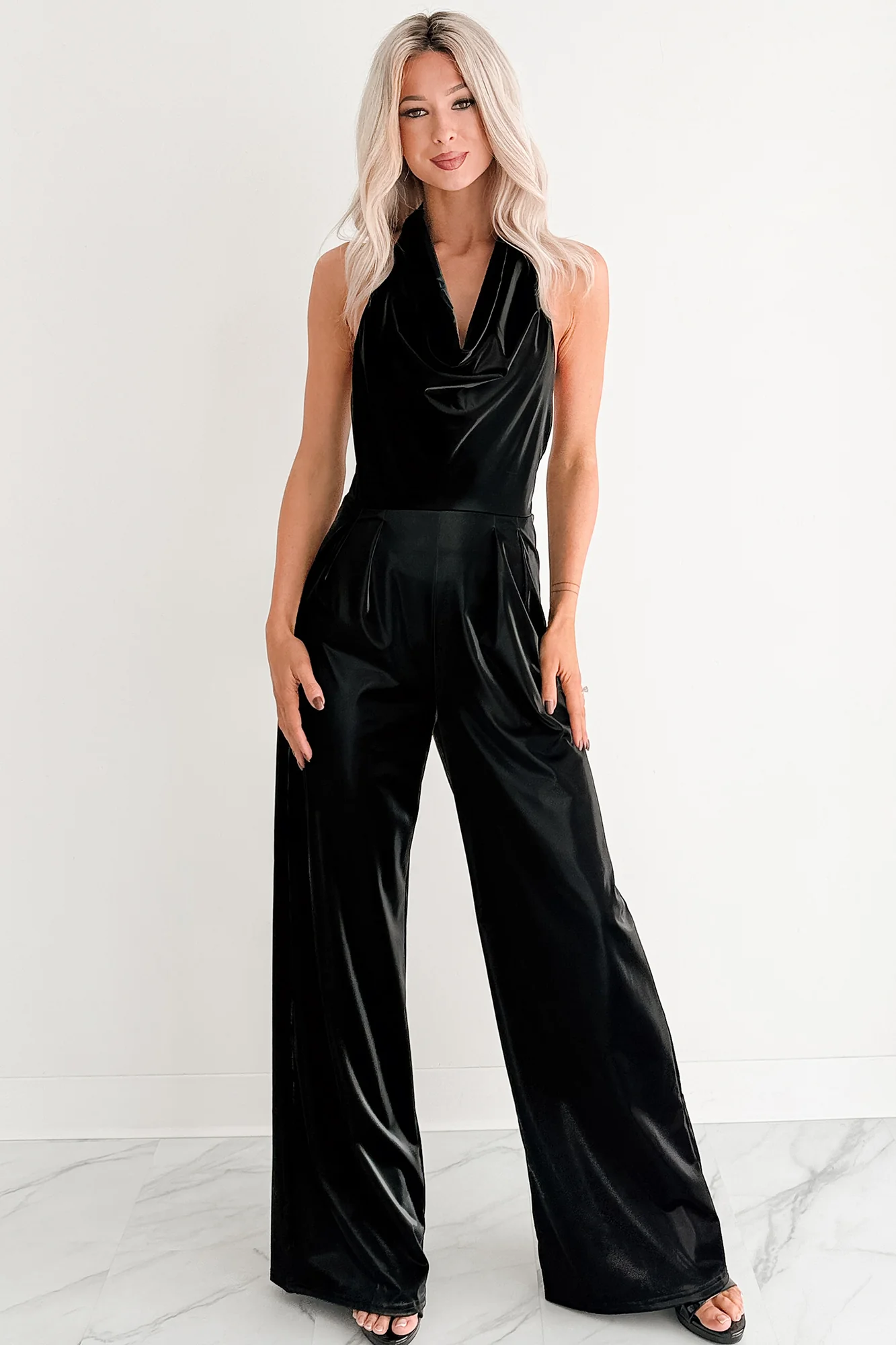 Meant To Win Faux Leather Halter Jumpsuit (Black) - Image 4