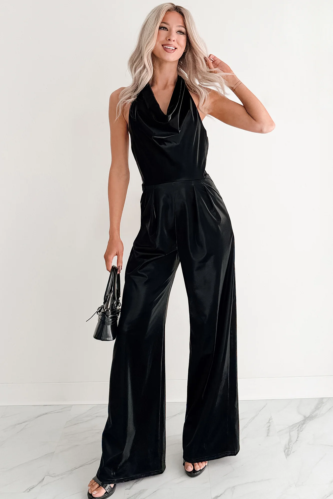 Meant To Win Faux Leather Halter Jumpsuit (Black) - Image 5