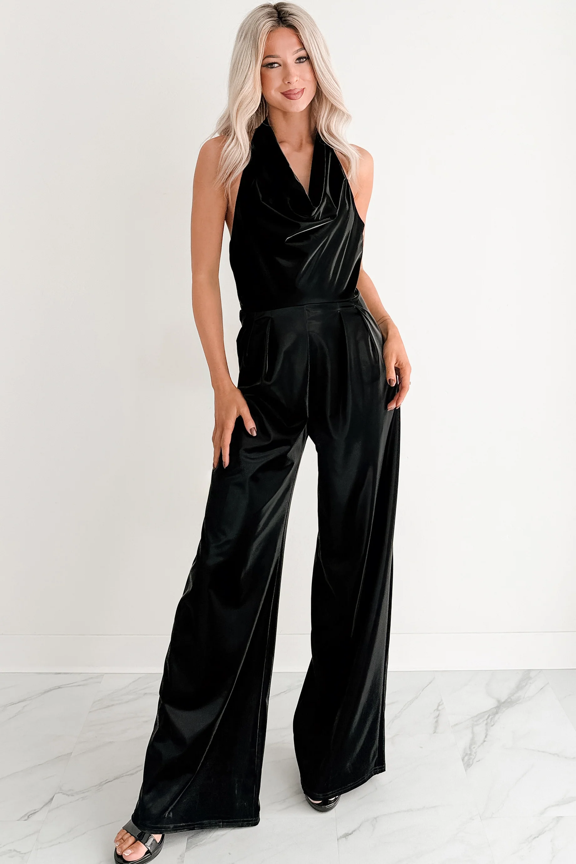 Meant To Win Faux Leather Halter Jumpsuit (Black) - Image 6