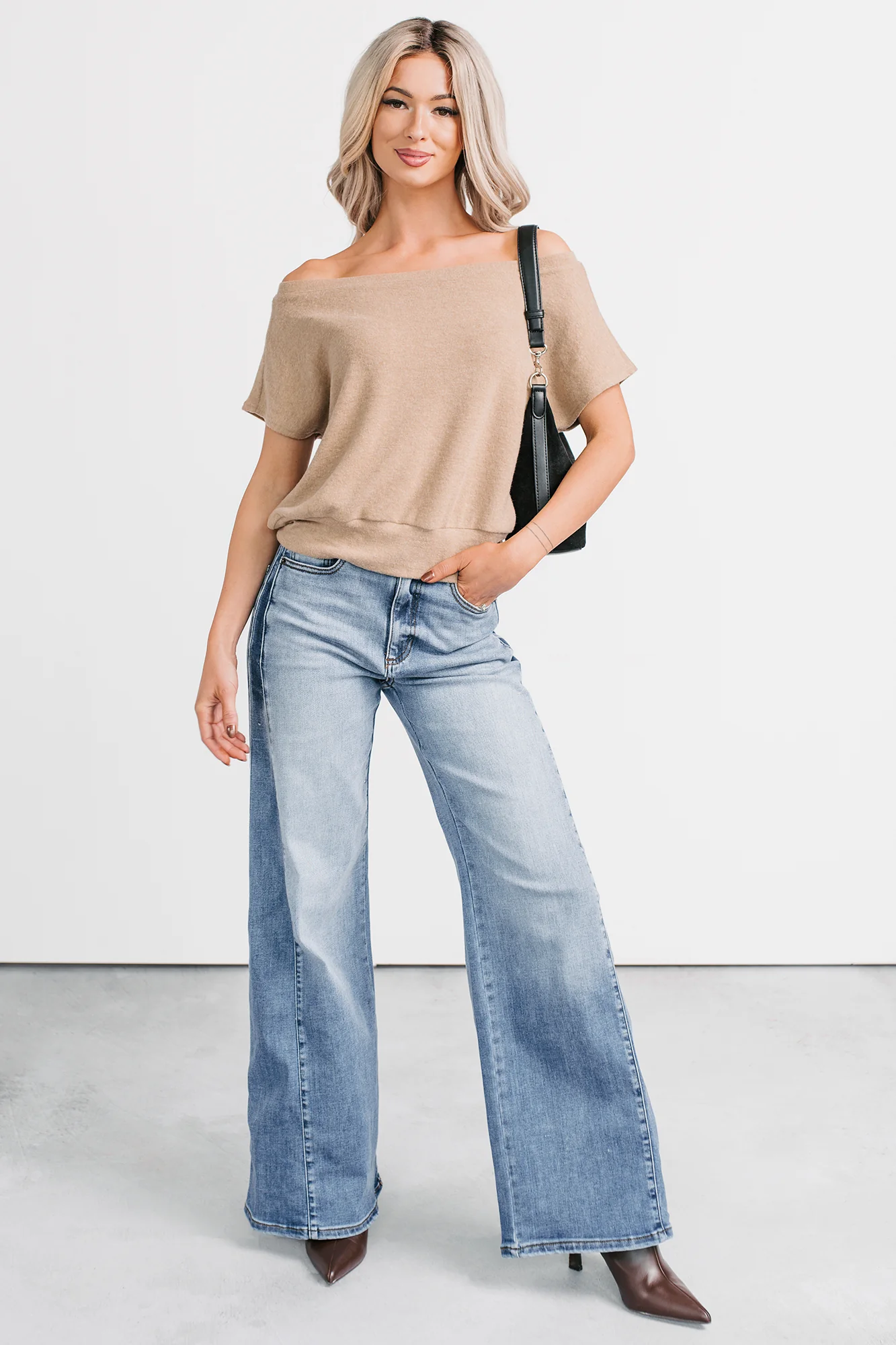 Meet Me There One Shoulder Short Sleeve Top (Taupe) - Image 2