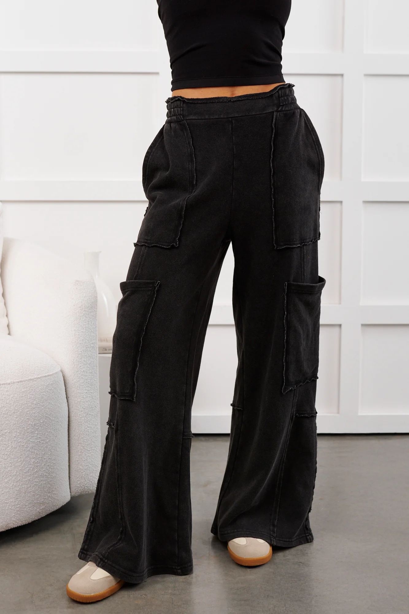 Mellow Hours Cargo Wide Leg Lounge Pants (Black) - Image 2