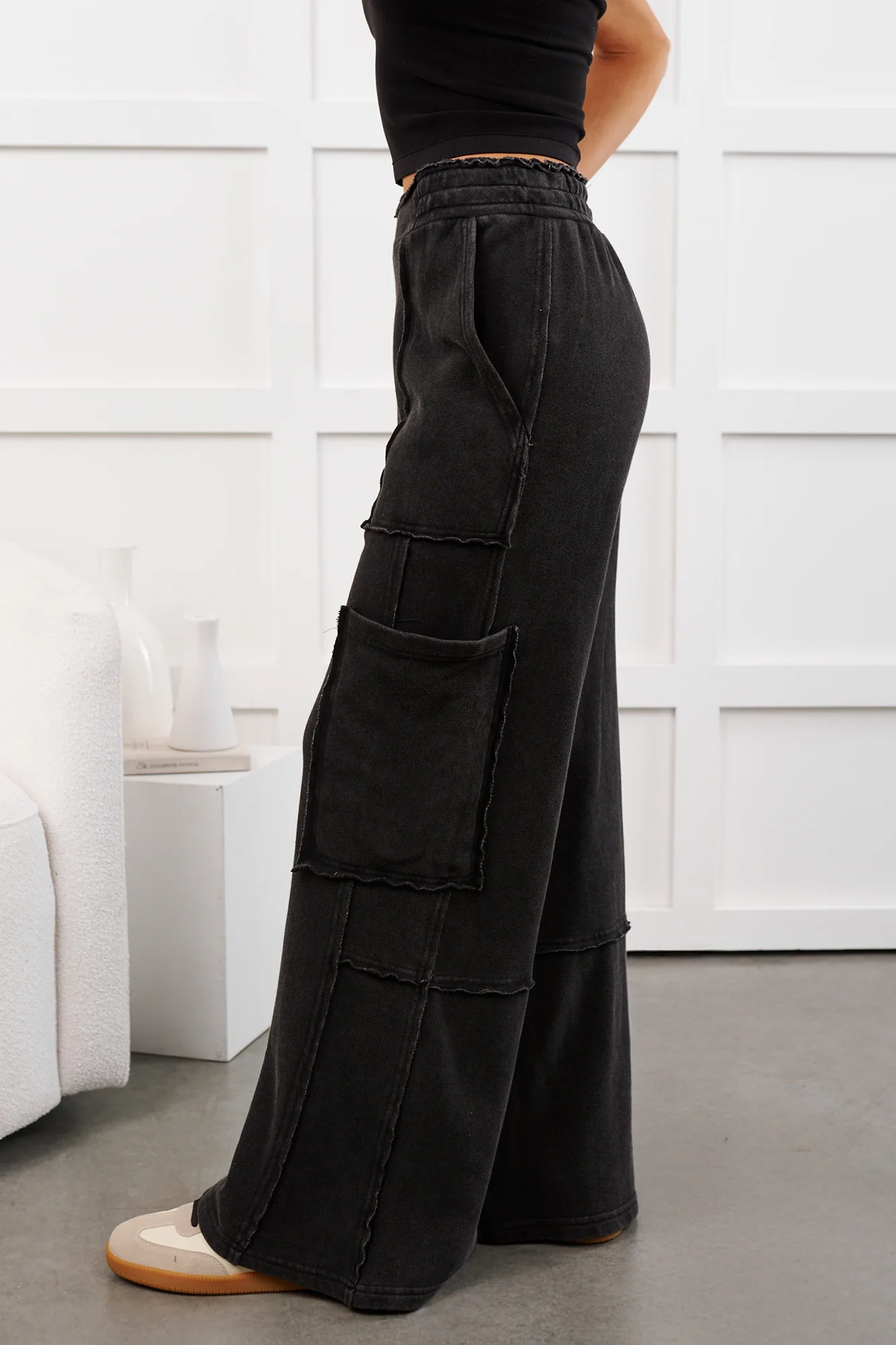 Mellow Hours Cargo Wide Leg Lounge Pants (Black) - Image 7