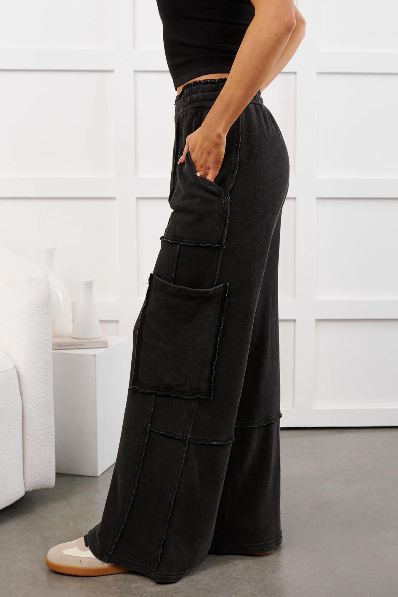 Mellow Hours Cargo Wide Leg Lounge Pants (Black) - Image 8