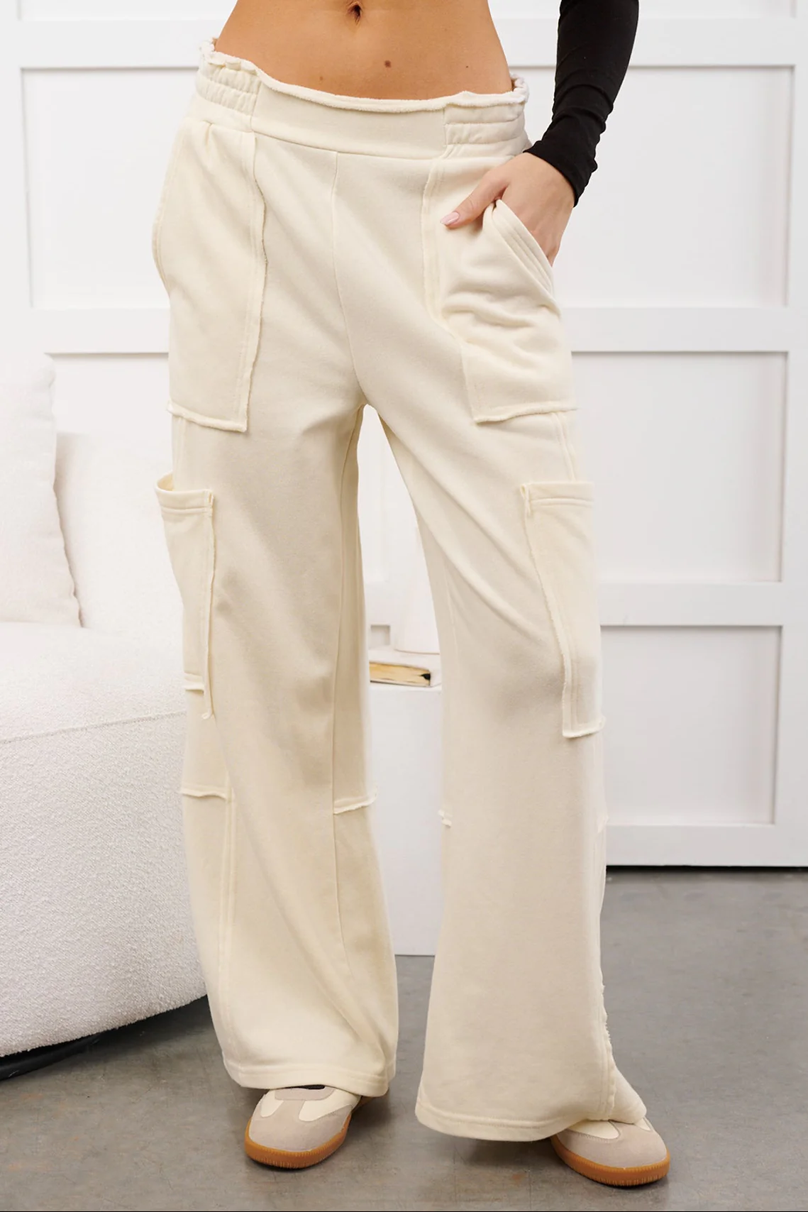 Mellow Hours Cargo Wide Leg Lounge Pants (Cream) - Image 3