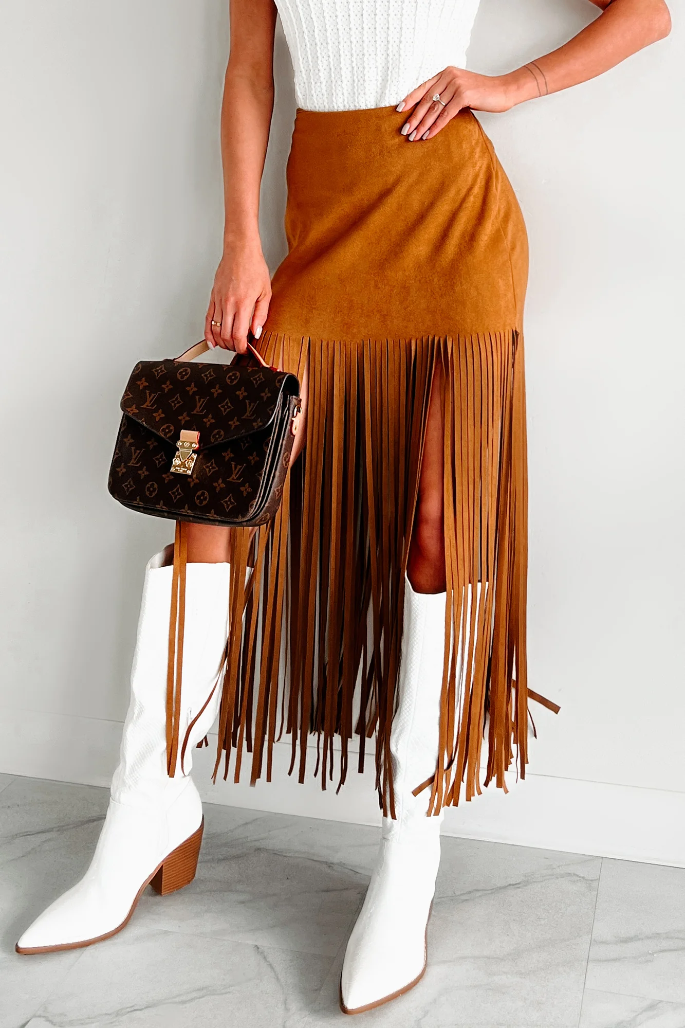 Merla Faux Suede Fringe Skirt (Camel) - Image 2
