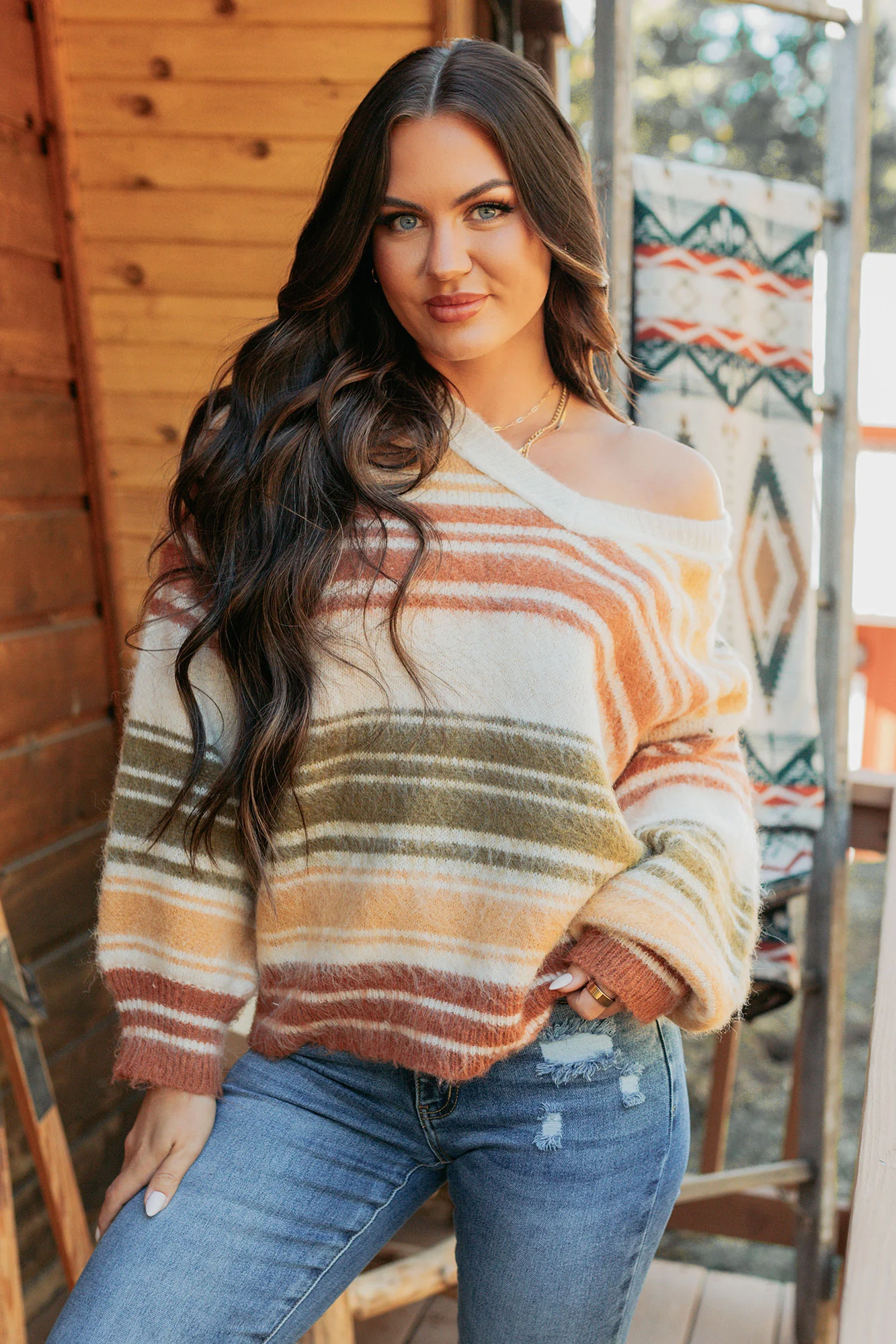 Messy Feelings V Neck Striped Knit Sweater (Multi) - Image 2