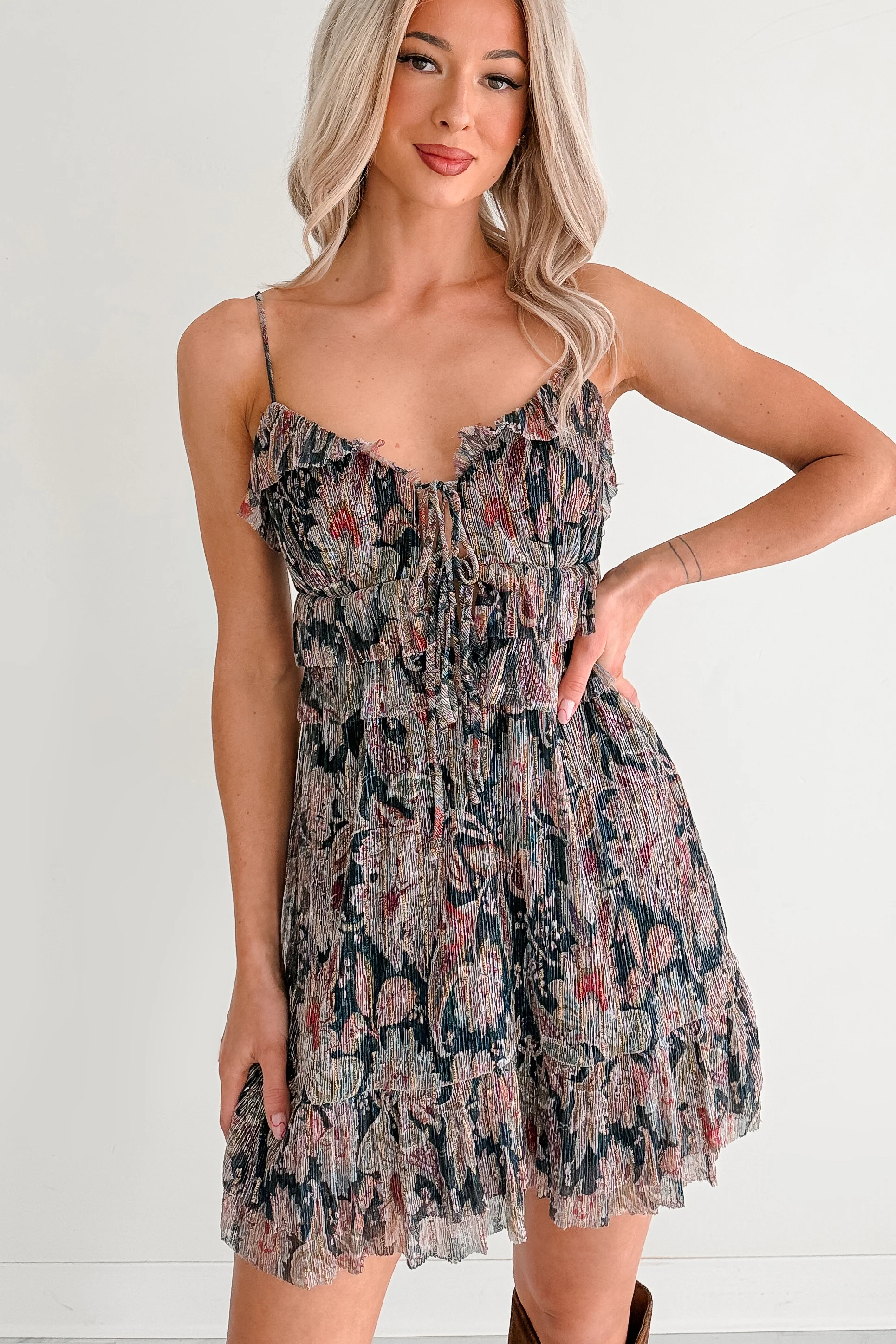 Metallic Floral Plisse Front Tie Mini Dress (Navy Multi) - Image 3
