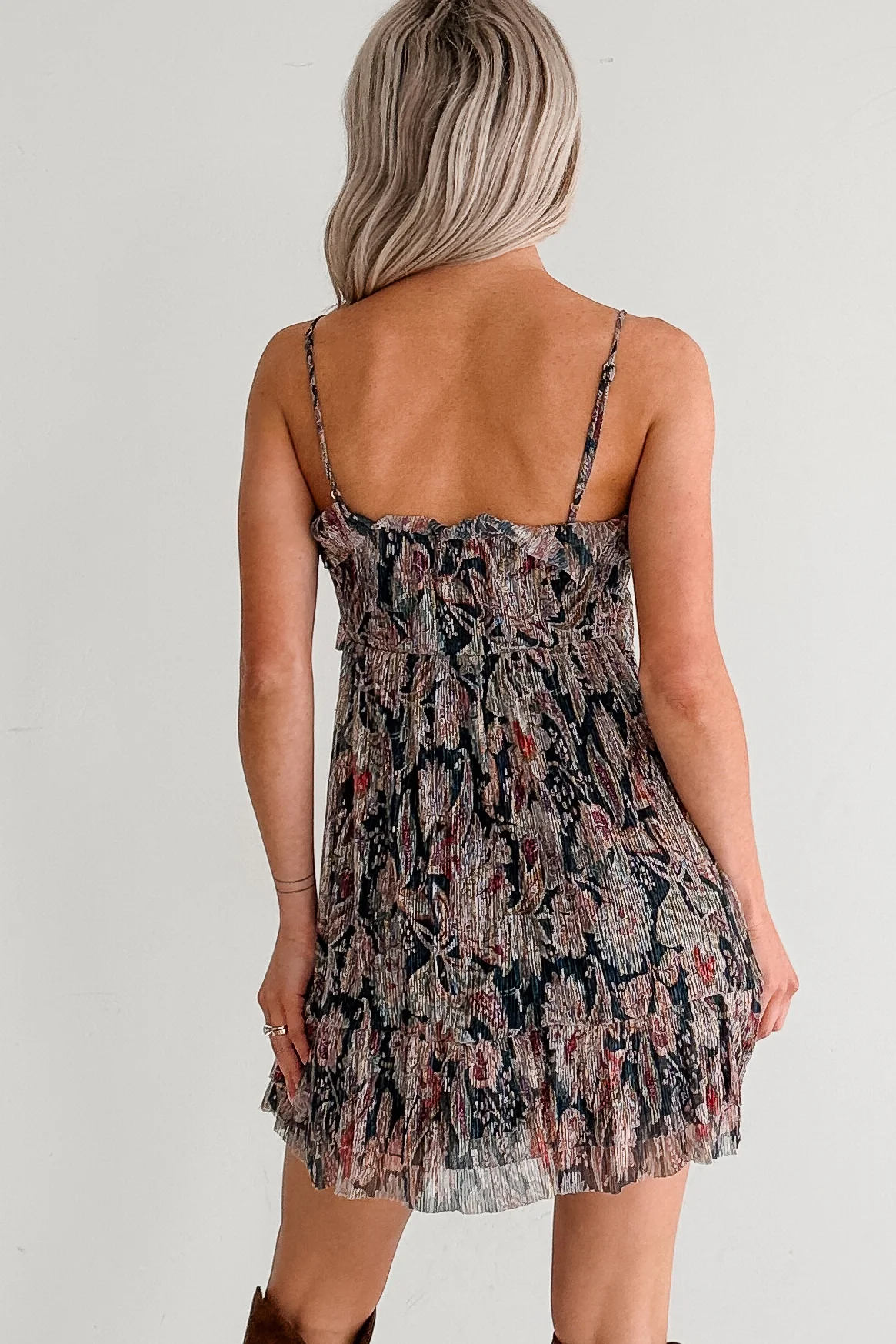 Metallic Floral Plisse Front Tie Mini Dress (Navy Multi) - Image 4