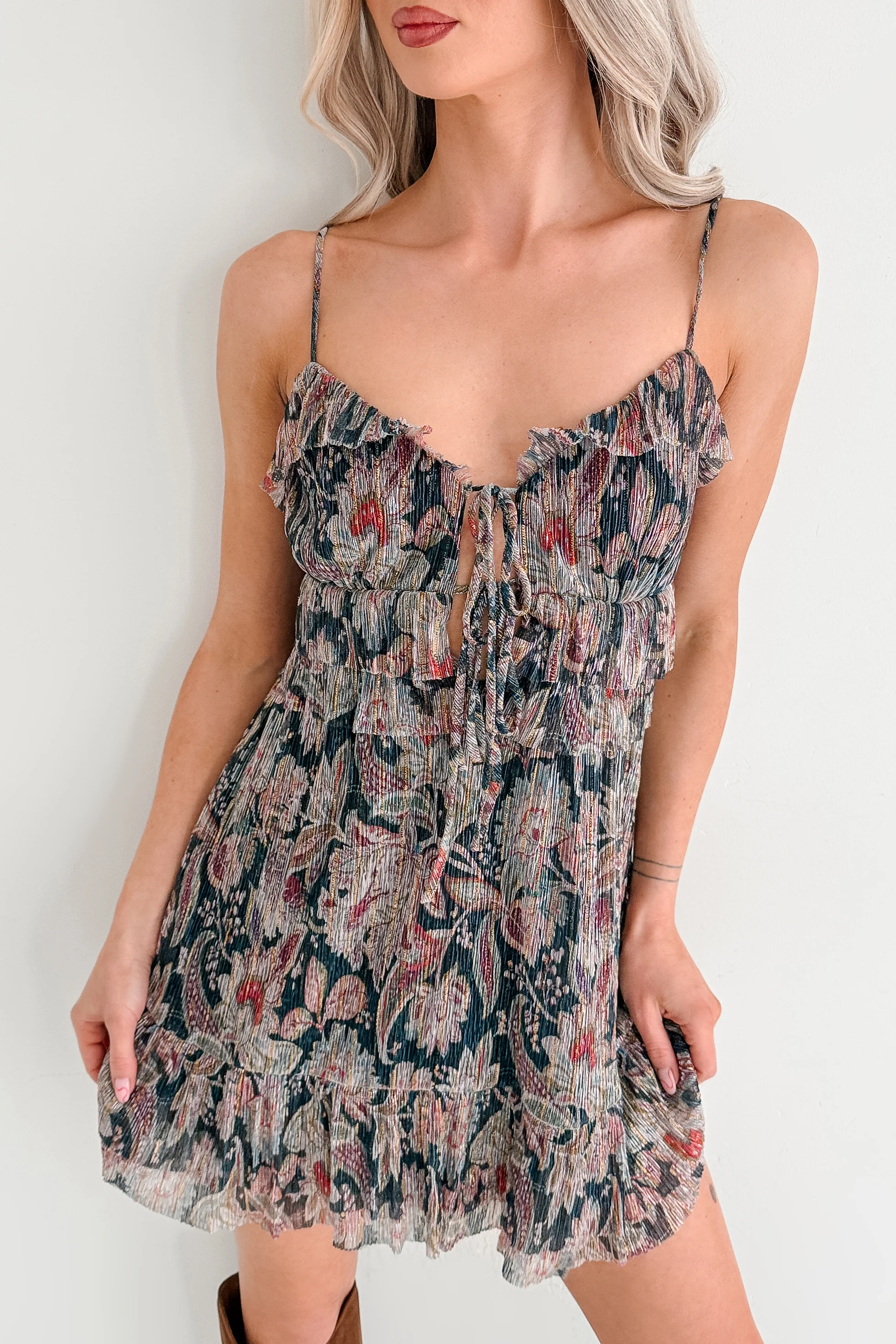Metallic Floral Plisse Front Tie Mini Dress (Navy Multi) - Image 5
