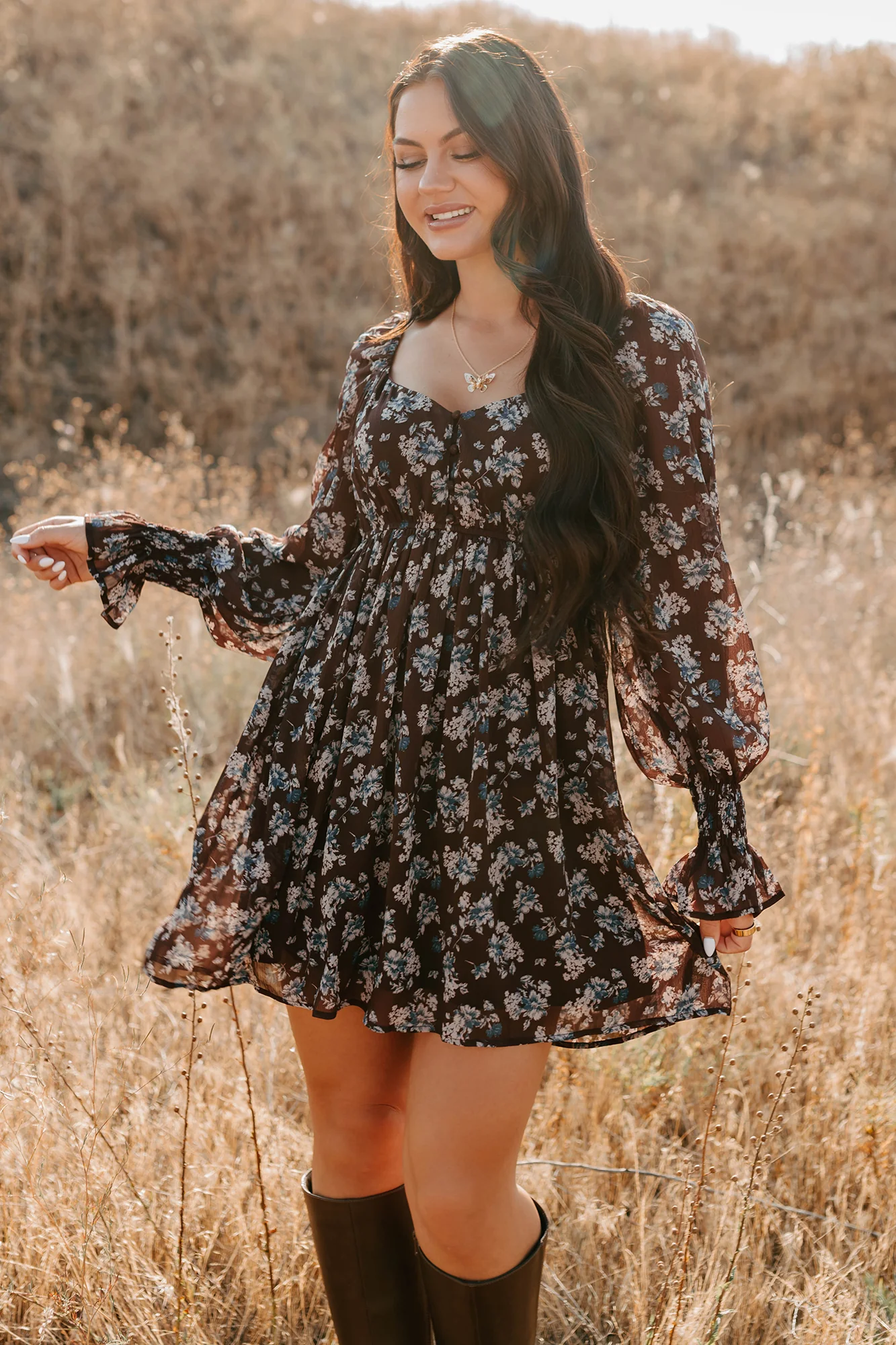 Midnight Blooms Floral Mini Dress (Baked Plum) - Image 10