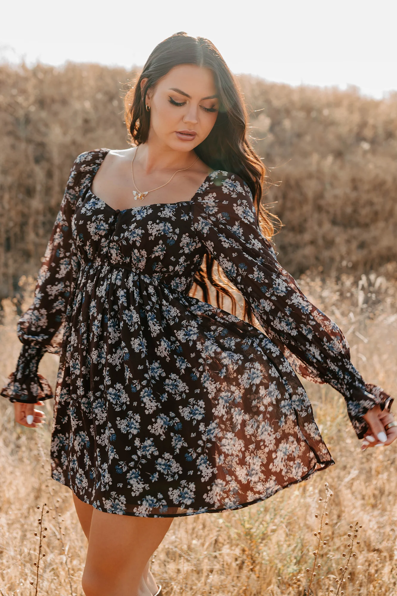 Midnight Blooms Floral Mini Dress (Baked Plum) - Image 11