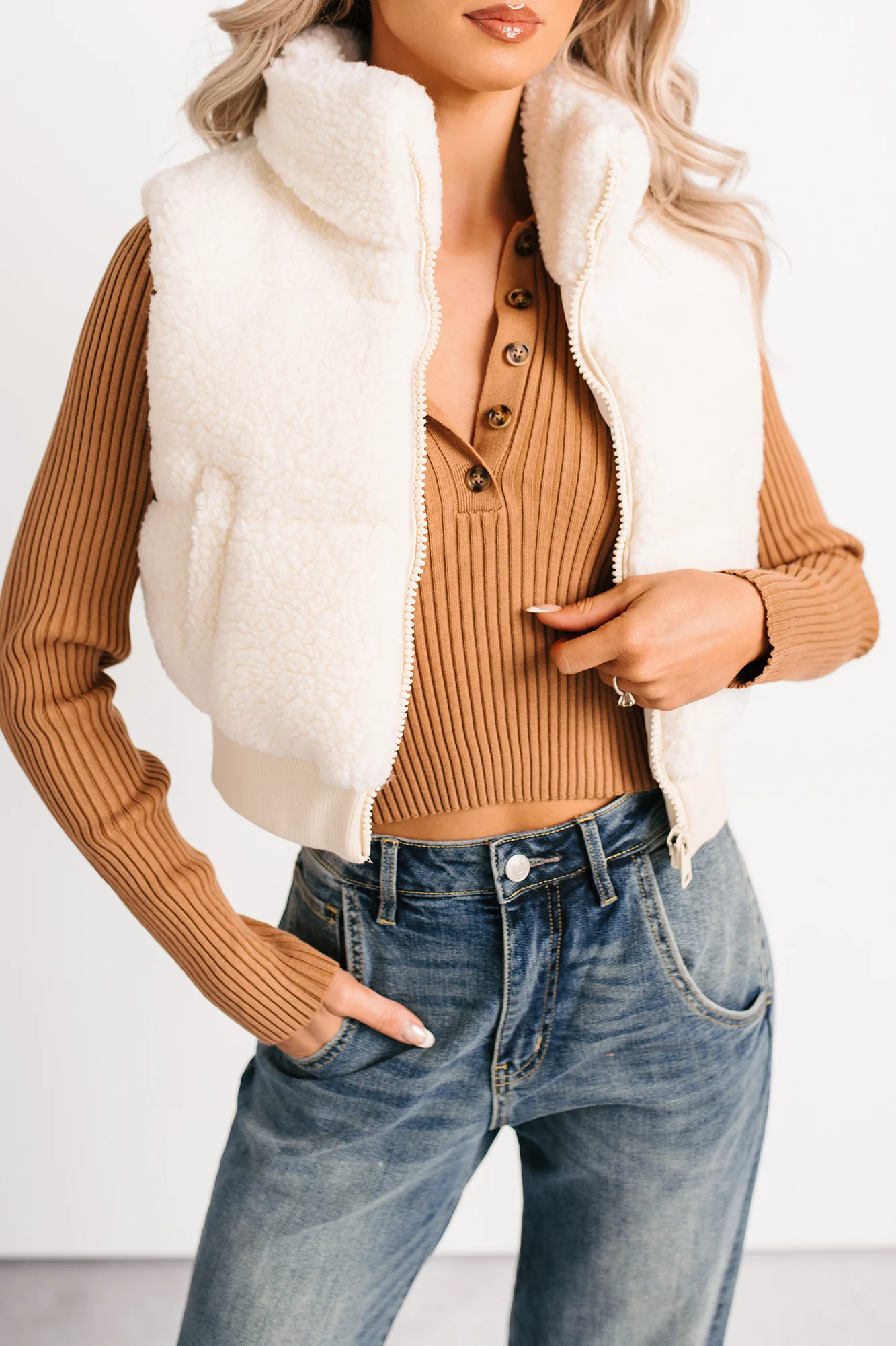 Midnight Frost Sherpa Puffer Crop Vest (Off White) - Image 5