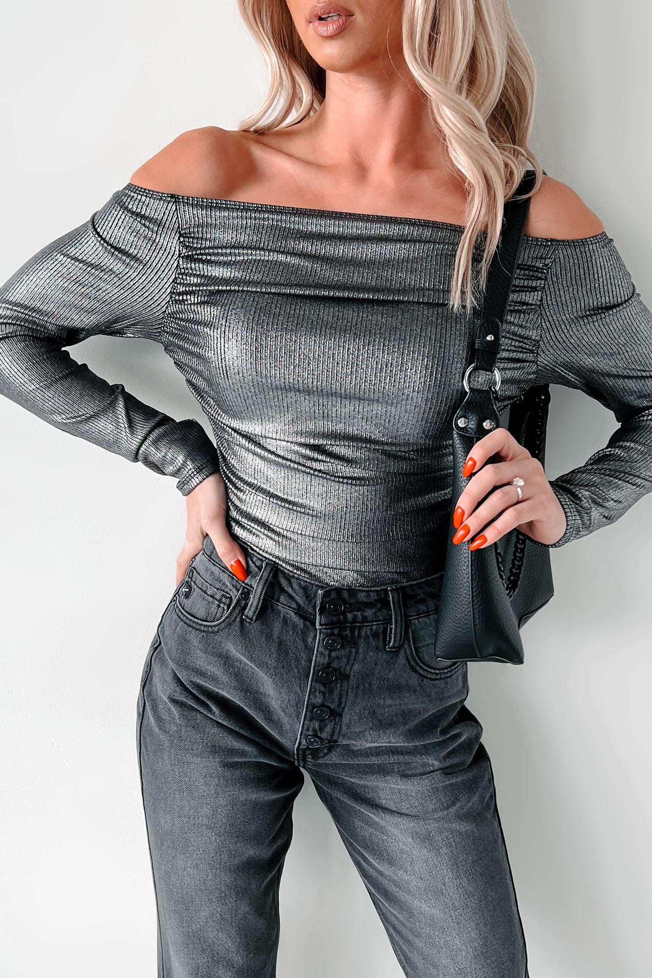 Midnight Magnetism Off The Shoulder Metallic Bodysuit (Galaxy Black) - Image 3