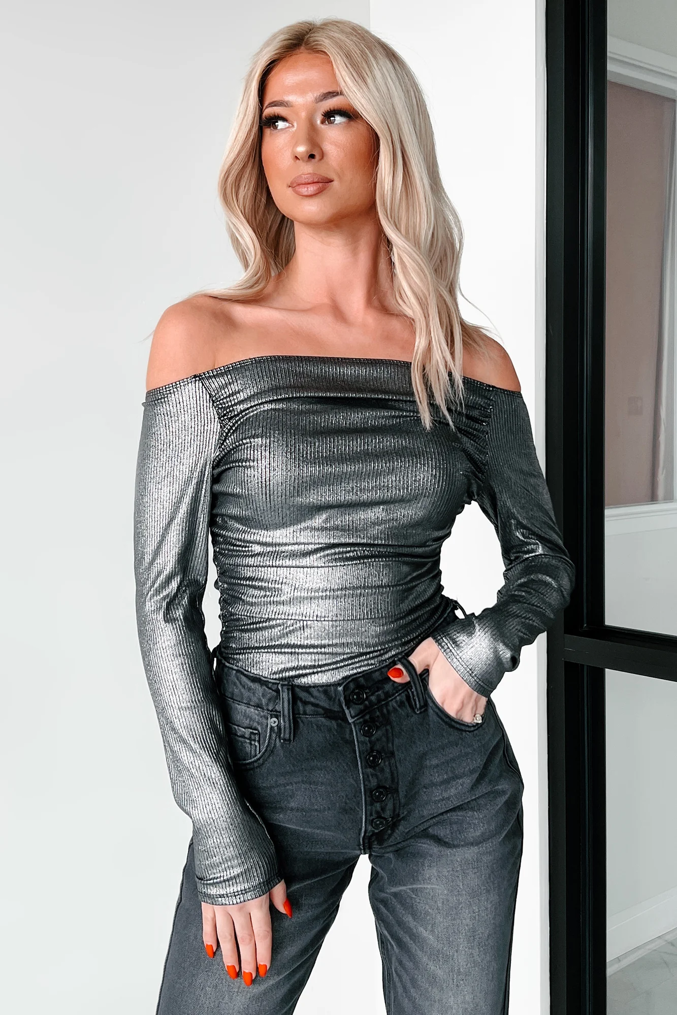 Midnight Magnetism Off The Shoulder Metallic Bodysuit (Galaxy Black) - Image 4