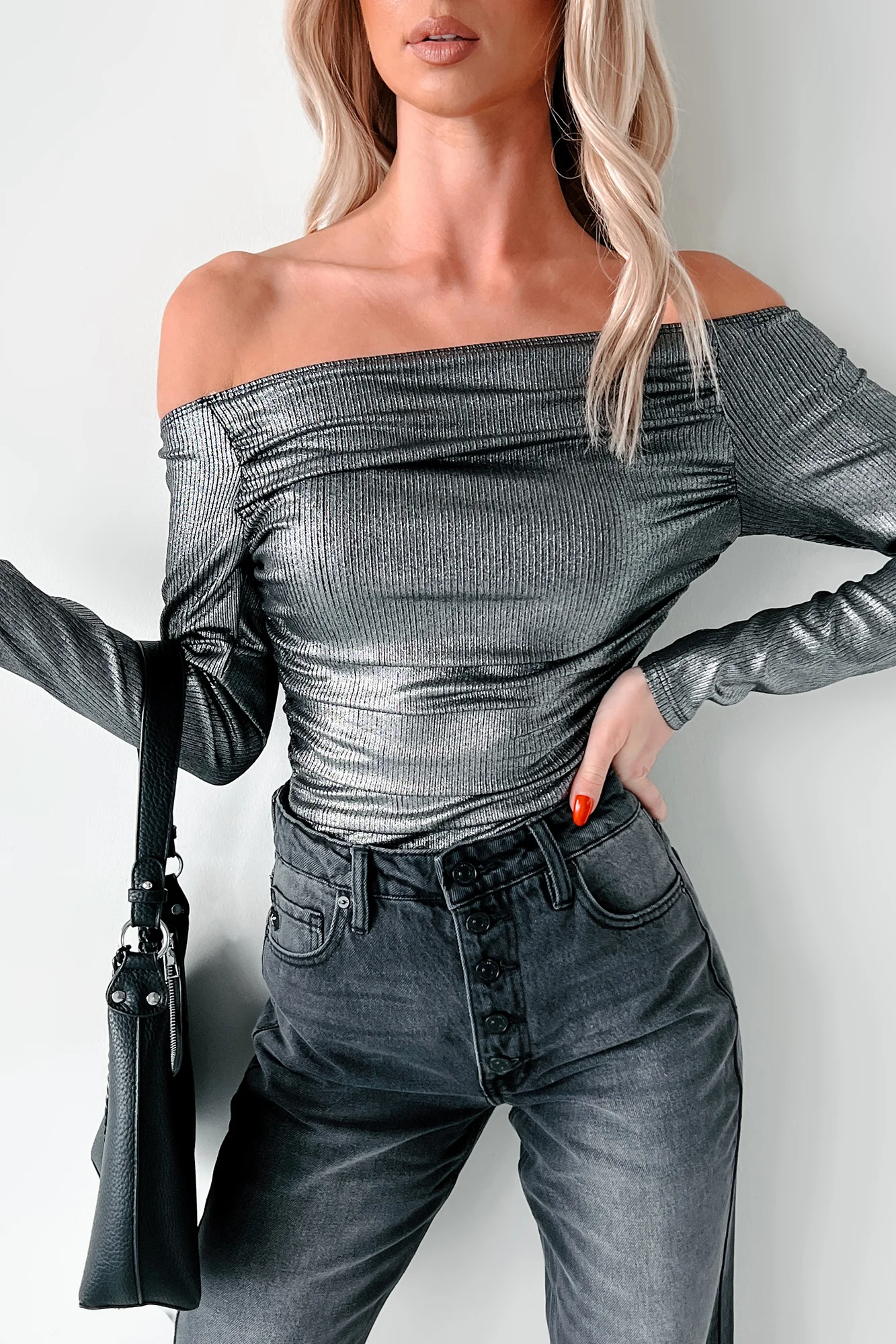Midnight Magnetism Off The Shoulder Metallic Bodysuit (Galaxy Black) - Image 7