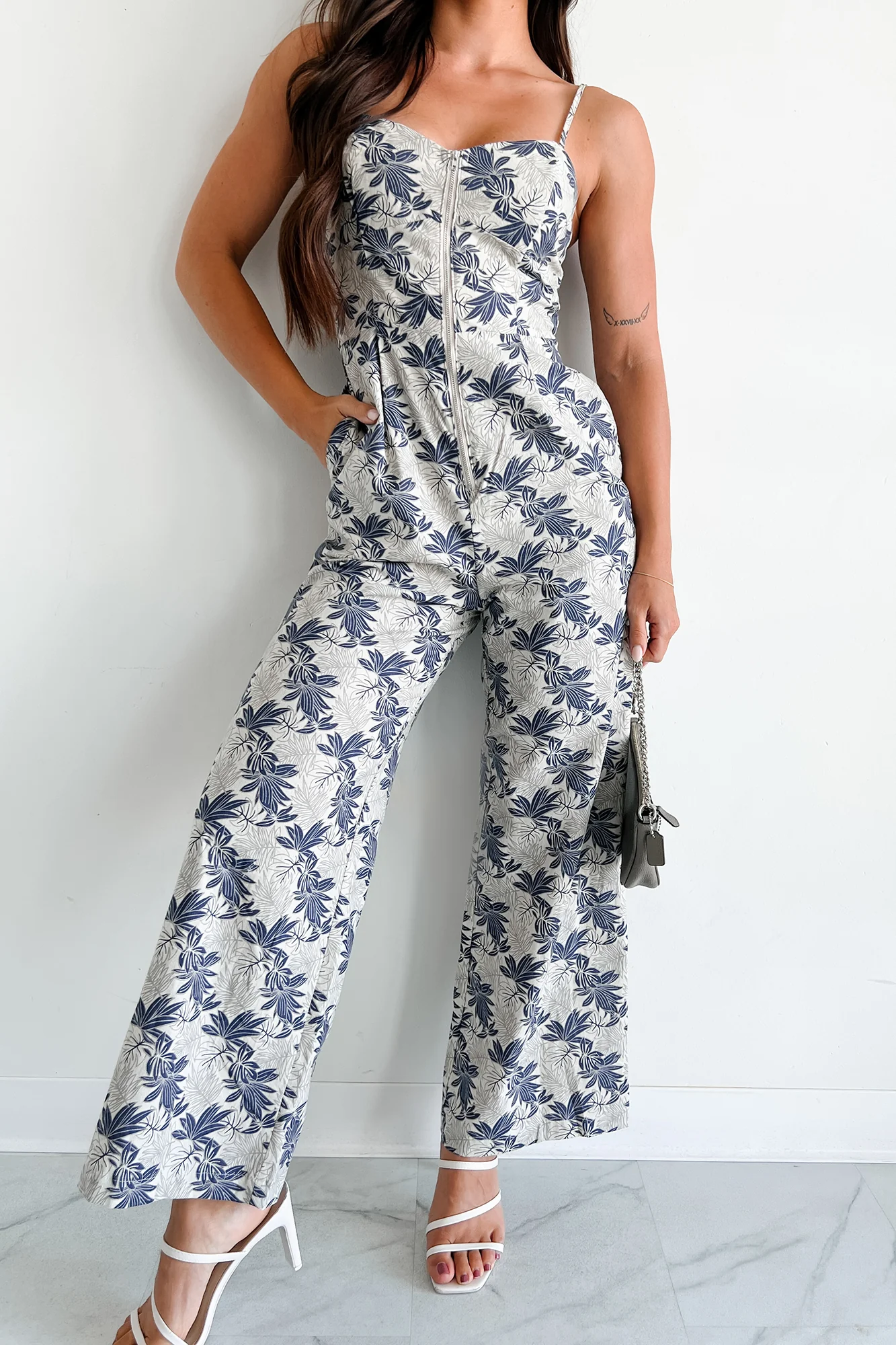 Midnight Oasis Zip-Front Printed Wide Leg Jumpsuit (Grey/Navy) - Image 3