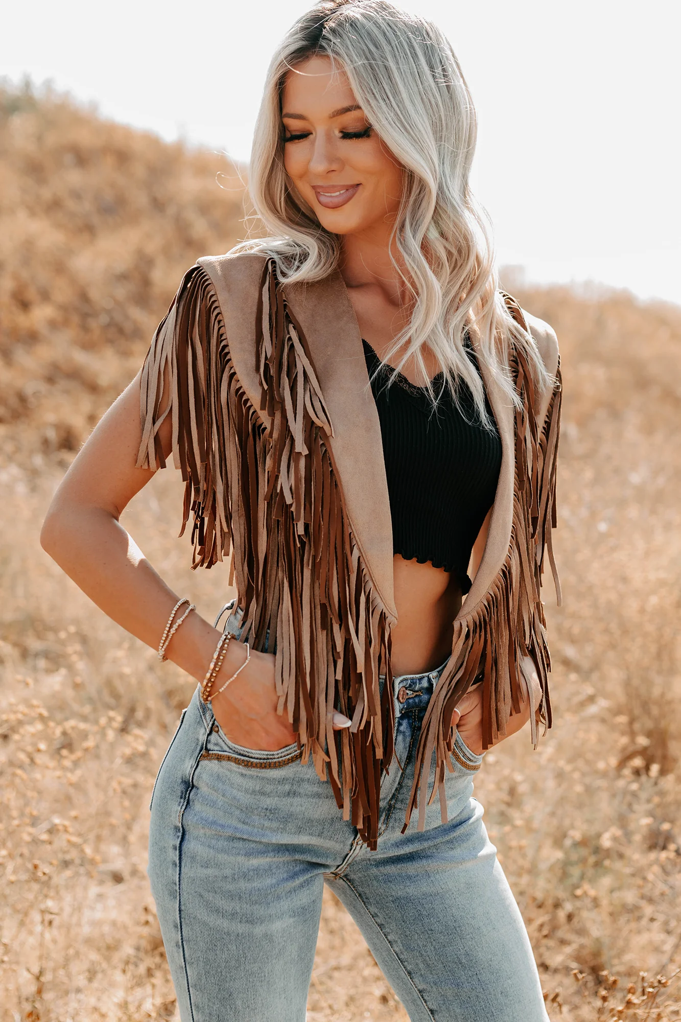 Midnight Range Faux Suede Collared Fringe Shawl (Tan) - Image 3
