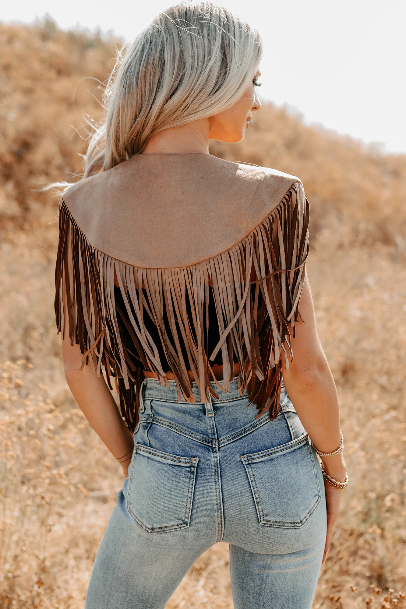 Midnight Range Faux Suede Collared Fringe Shawl (Tan) - Image 4