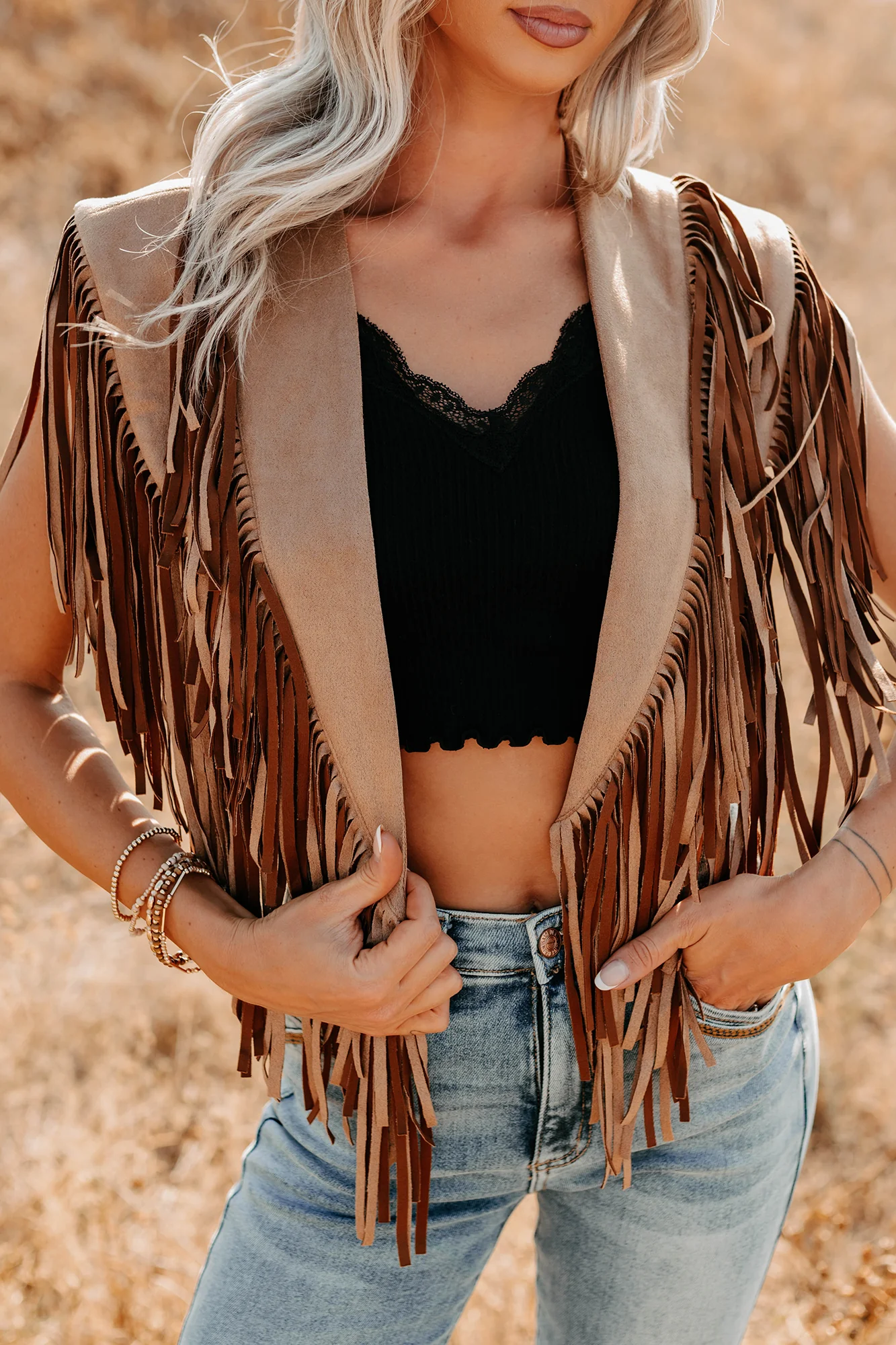 Midnight Range Faux Suede Collared Fringe Shawl (Tan) - Image 5
