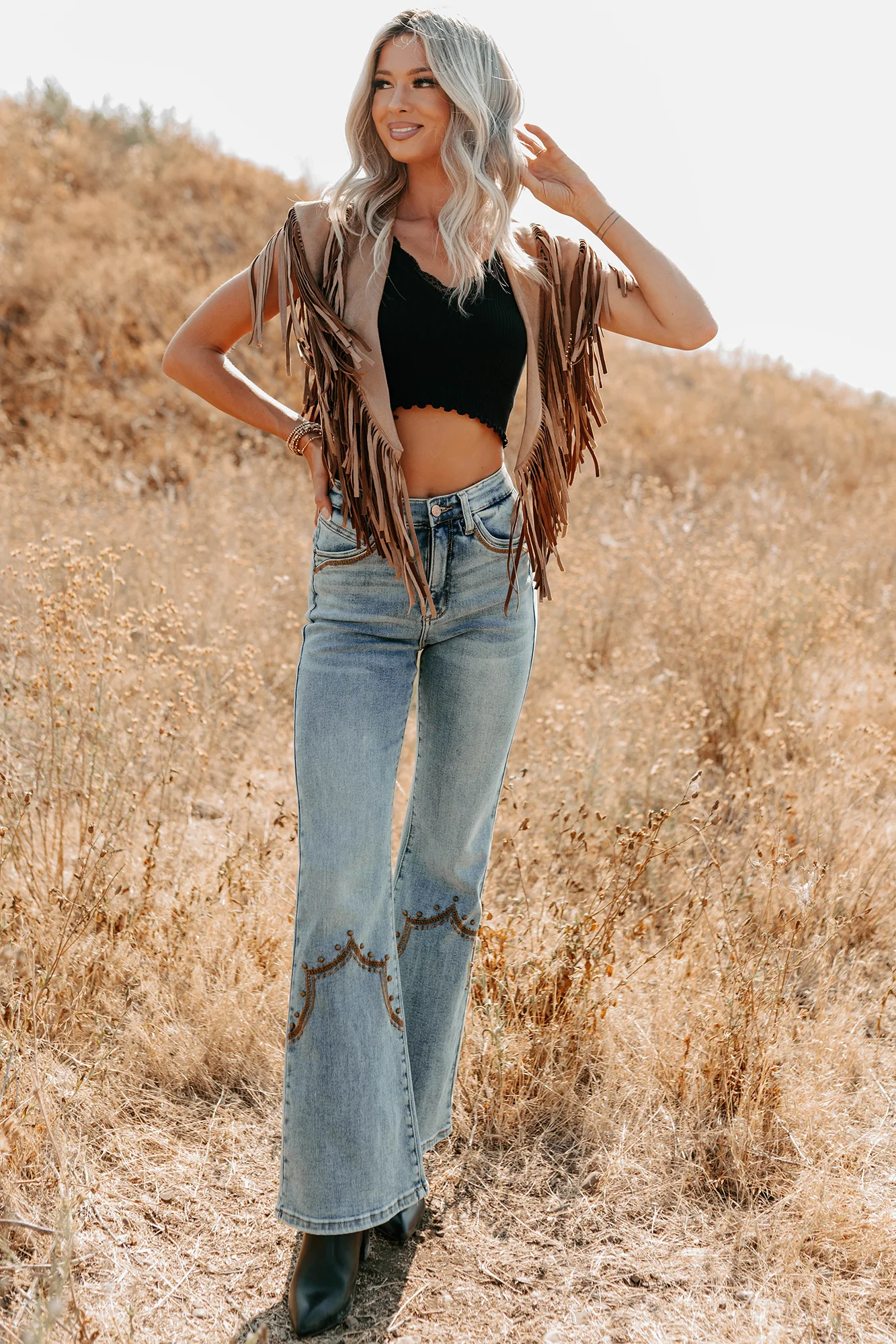 Midnight Range Faux Suede Collared Fringe Shawl (Tan) - Image 6