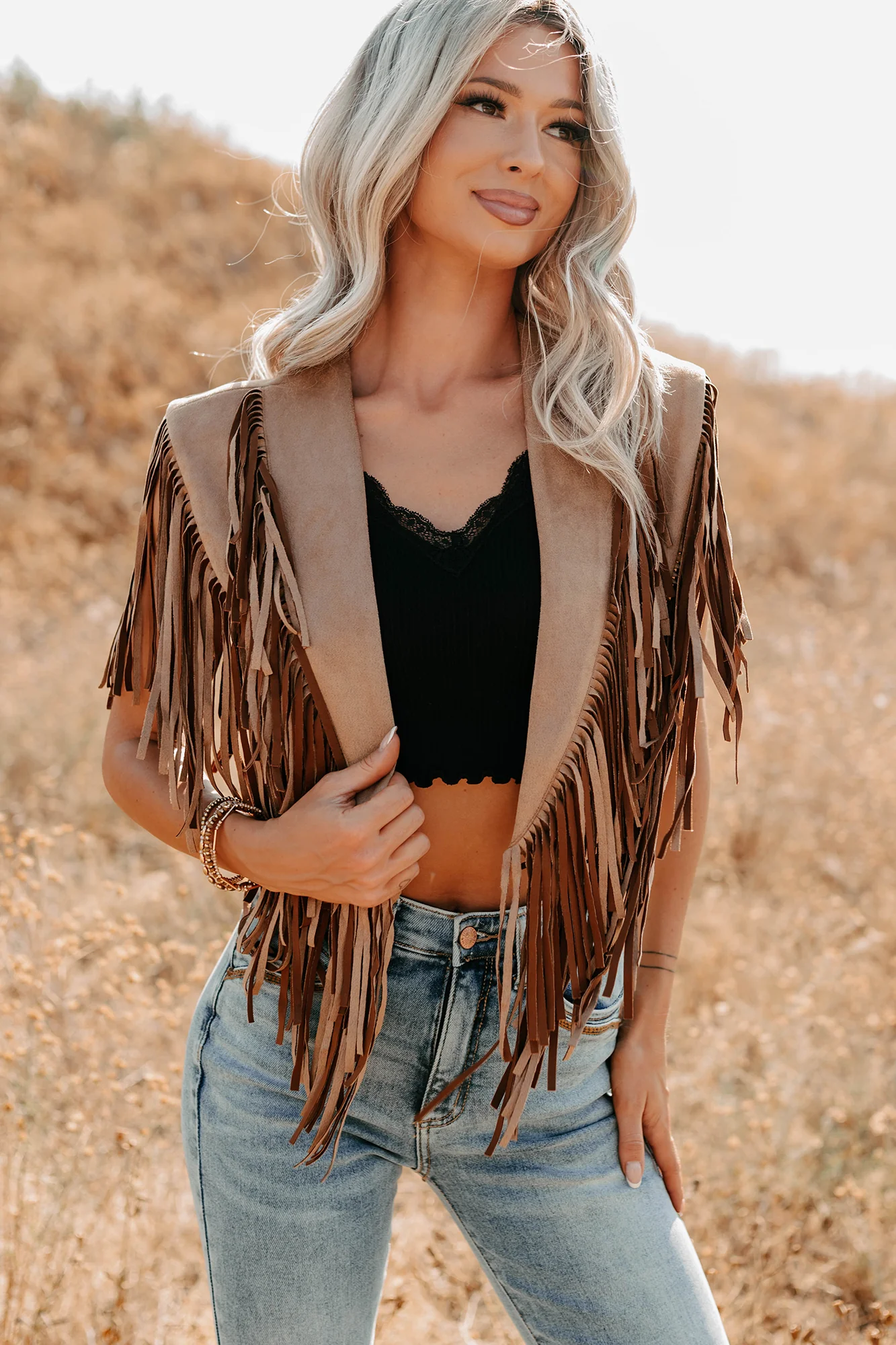 Midnight Range Faux Suede Collared Fringe Shawl (Tan) - Image 7