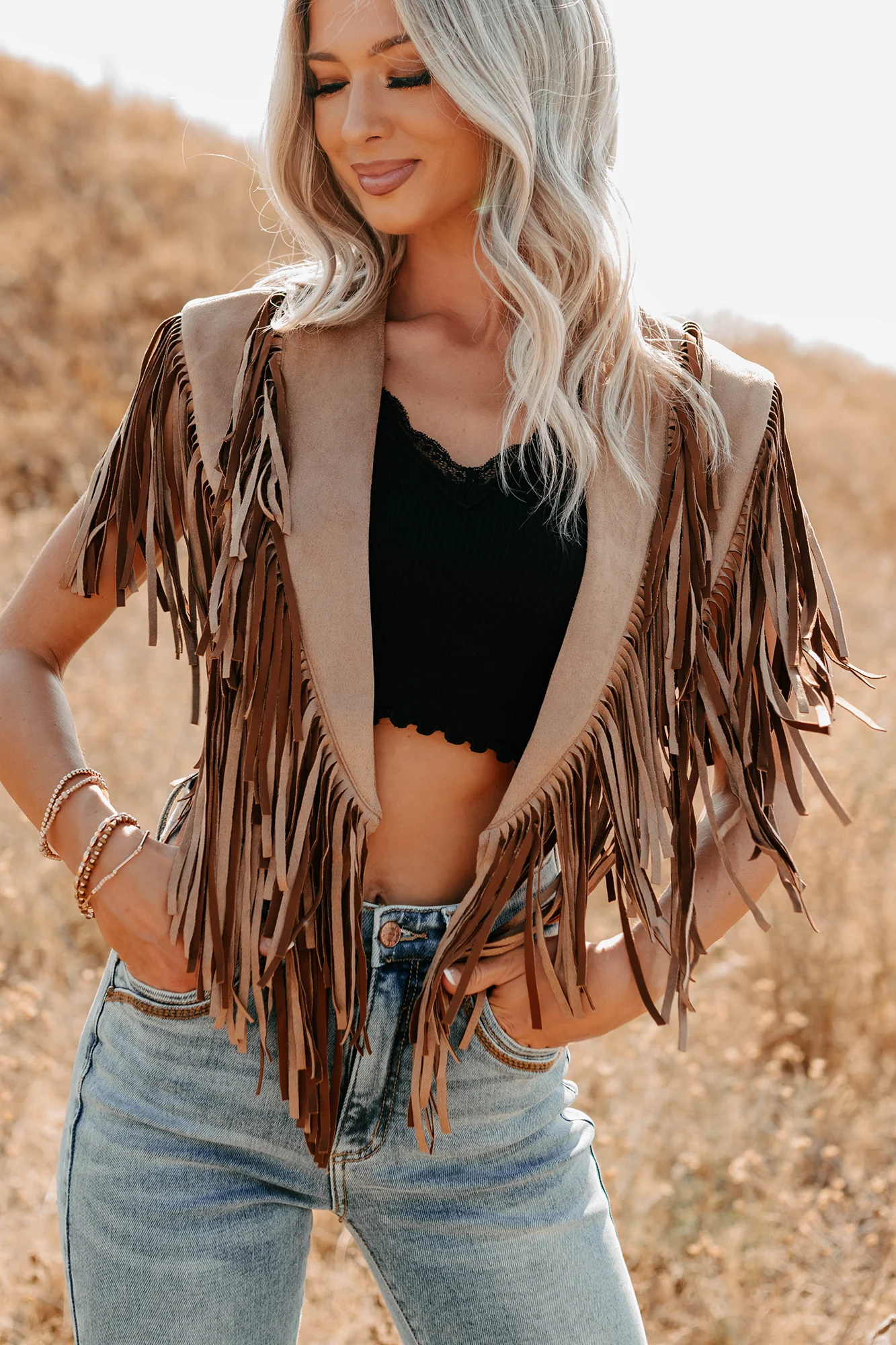 Midnight Range Faux Suede Collared Fringe Shawl (Tan) - Image 8