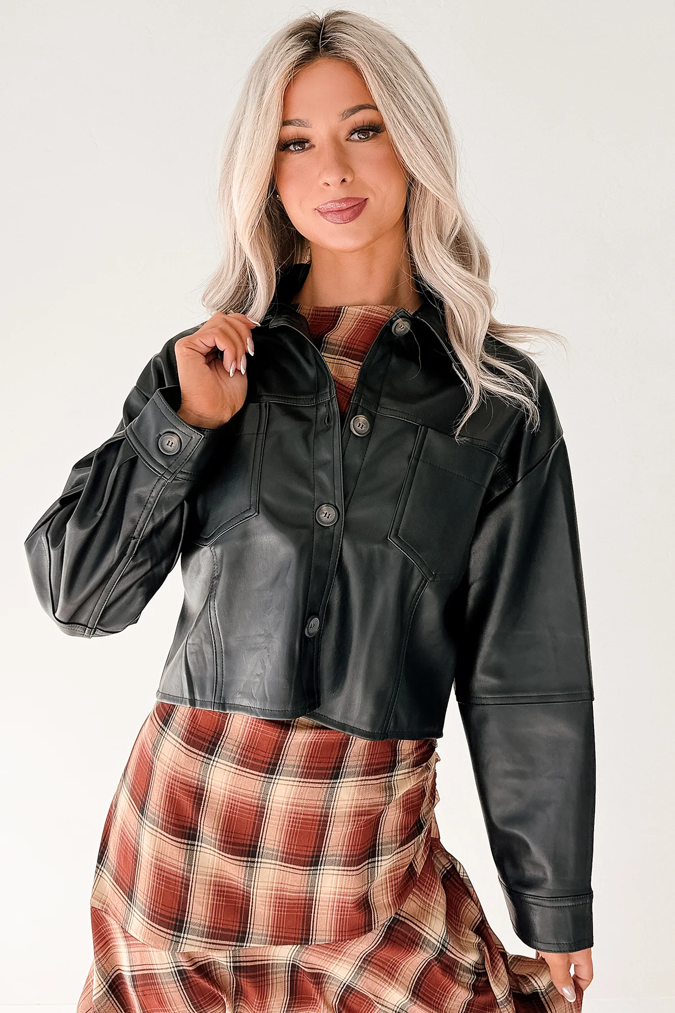 Minimal Motion Faux Leather Button-Up Jacket (Black) - Image 5