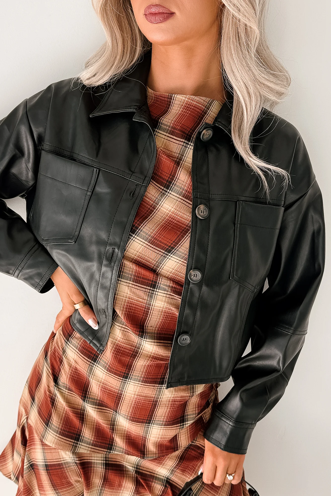 Minimal Motion Faux Leather Button-Up Jacket (Black) - Image 6
