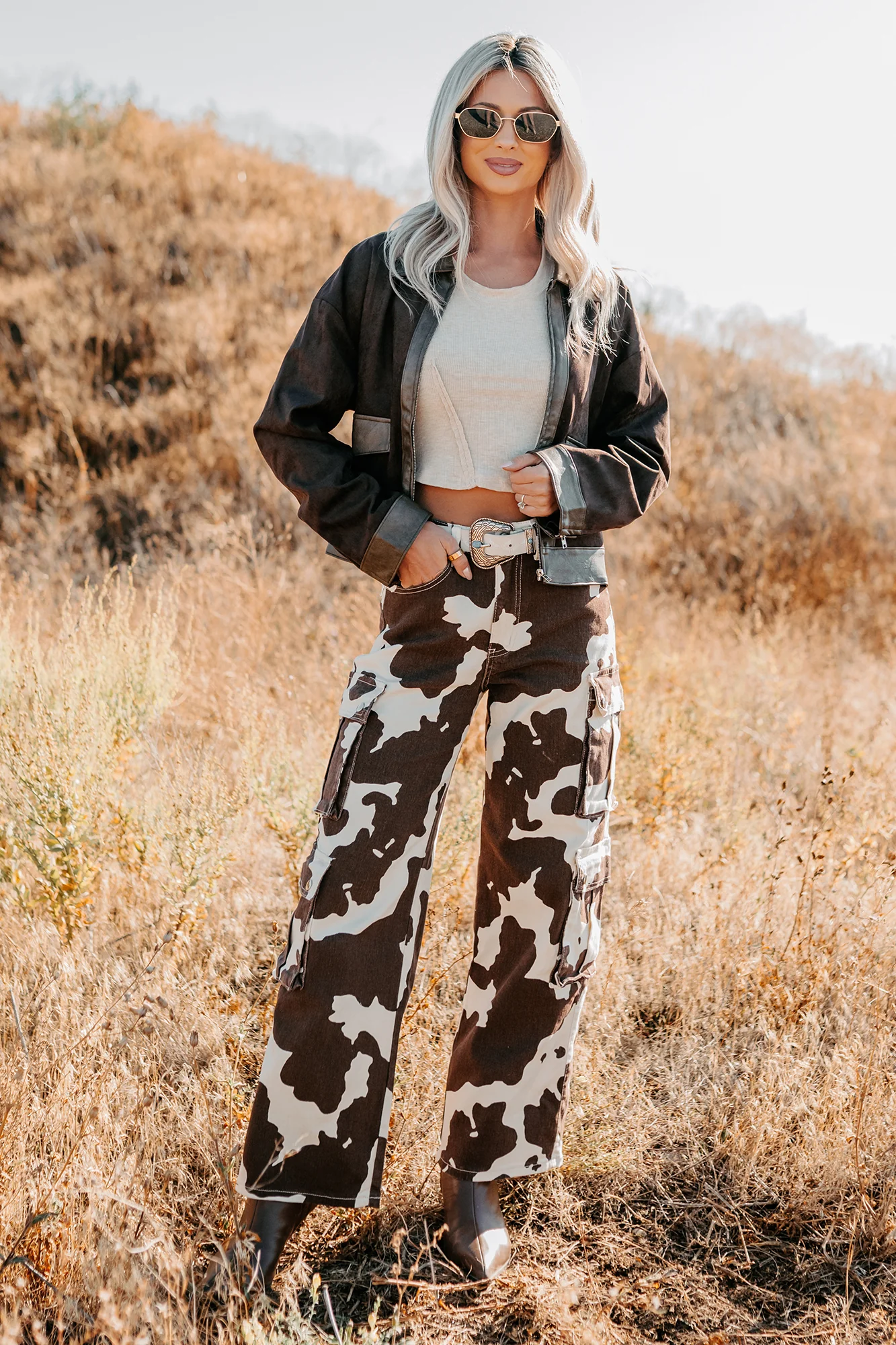 Mirabel Wide Leg Cow Print Balboa Jeans (Brown) - Image 5