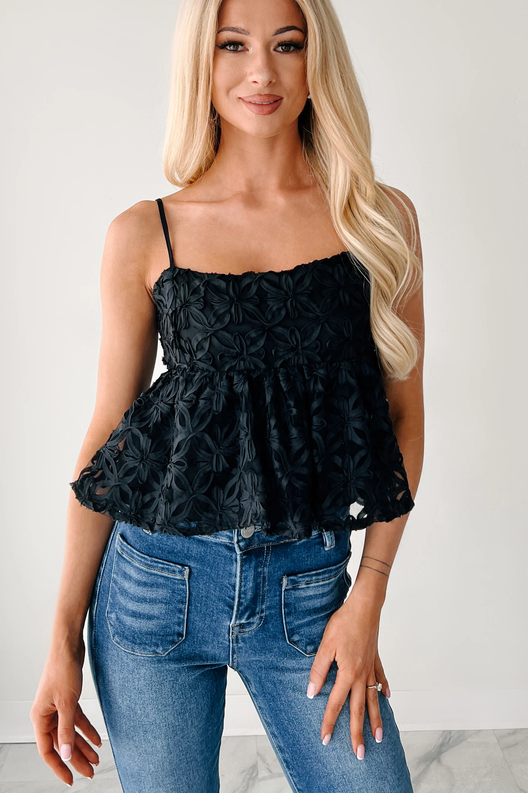Modern Icon Textured Floral Babydoll Tank (Black) - Image 2