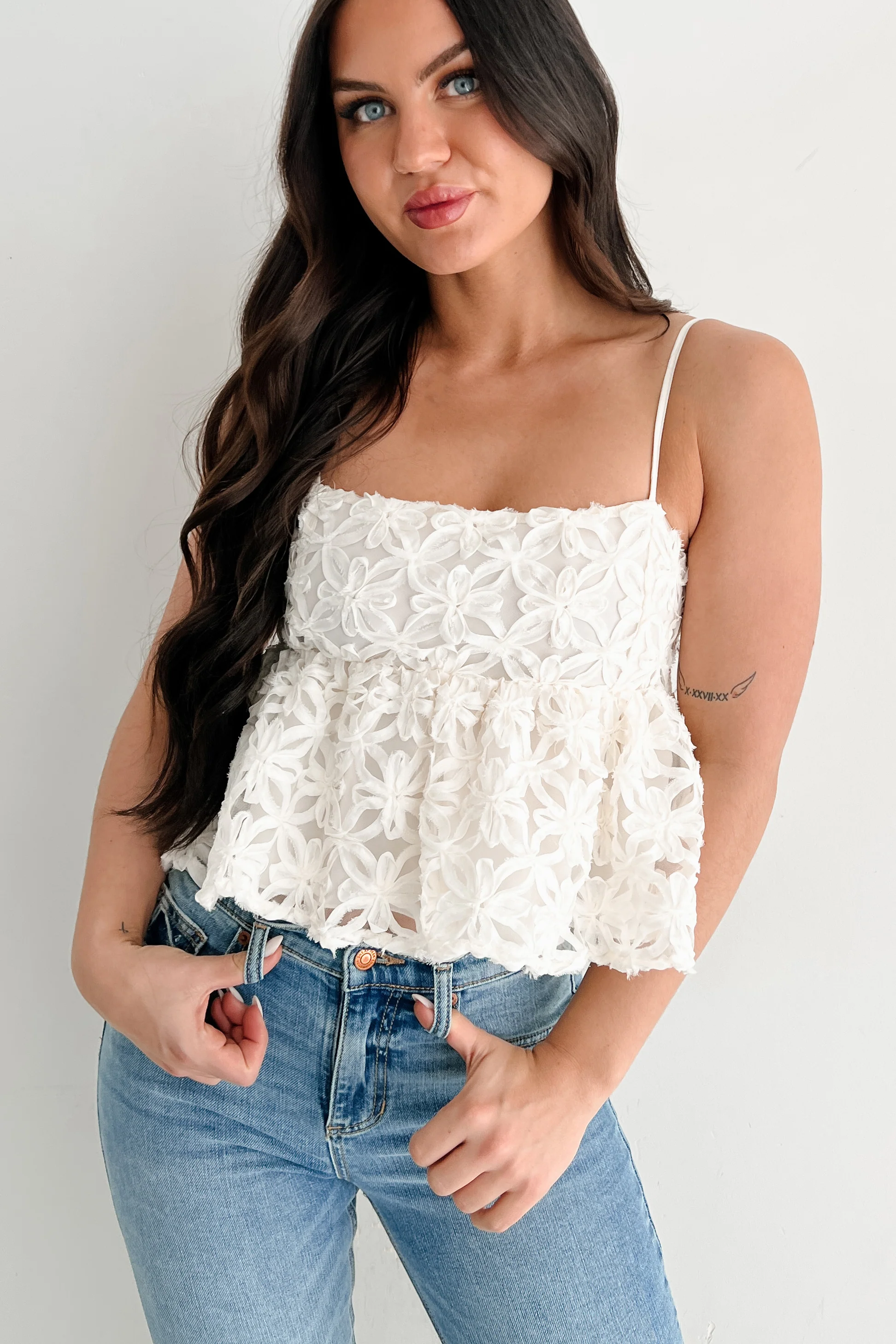 Modern Icon Textured Floral Babydoll Tank (Cream) - Image 5