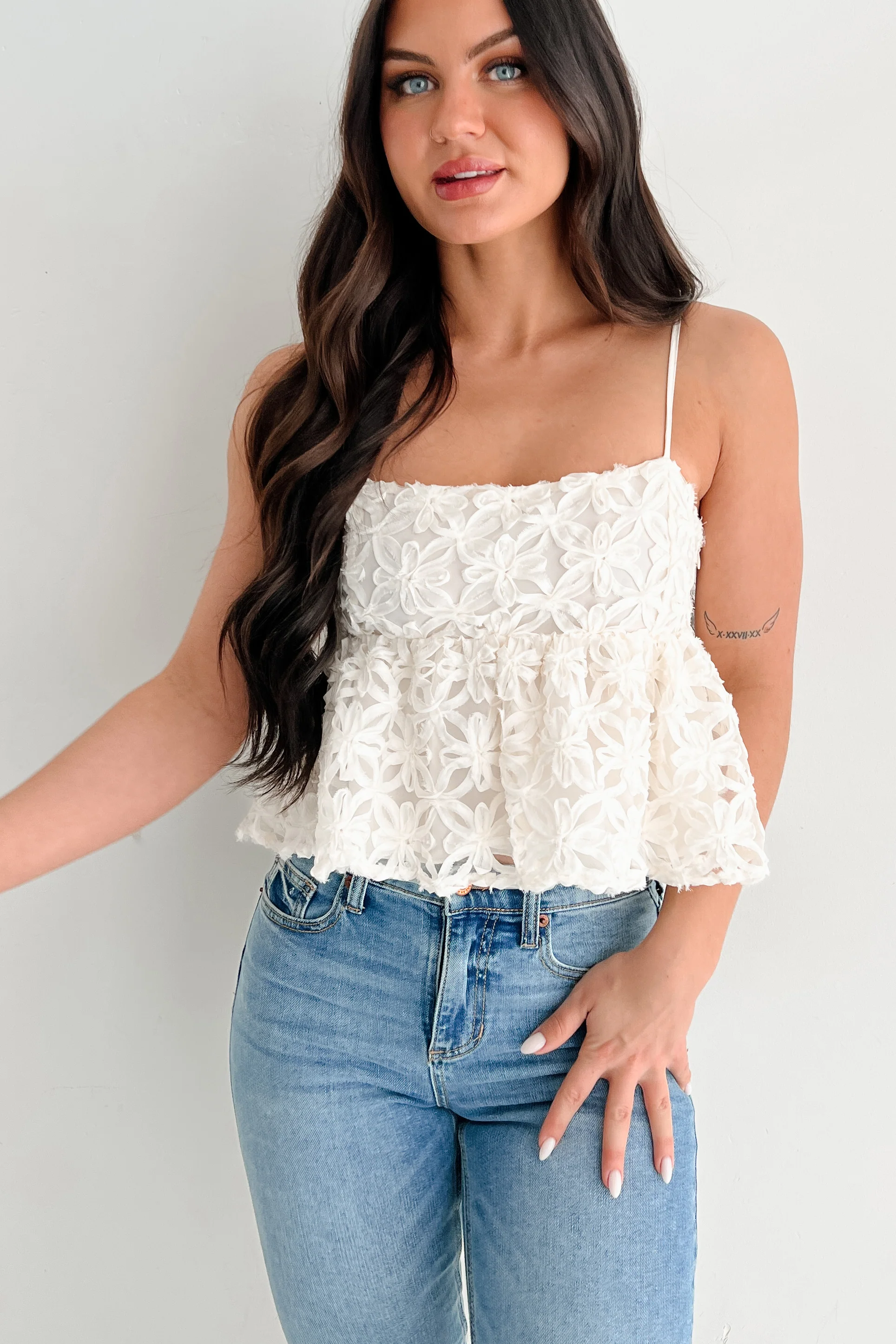 Modern Icon Textured Floral Babydoll Tank (Cream) - Image 8