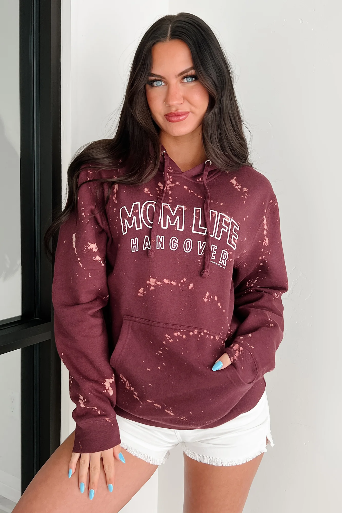 "MOM LIFE HANGOVER' Bleached Graphic Hoodie (Maroon) - Image 3