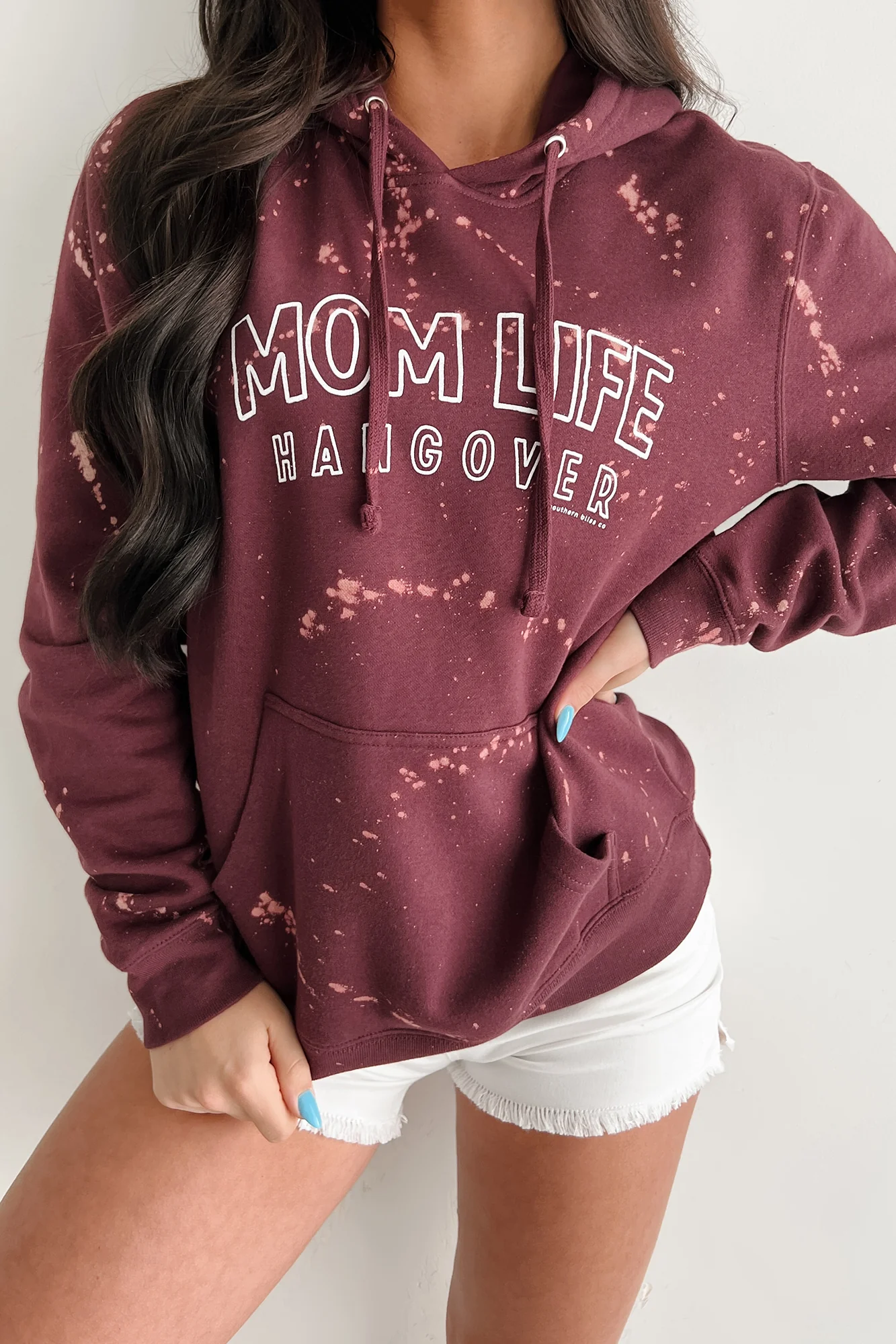 "MOM LIFE HANGOVER' Bleached Graphic Hoodie (Maroon) - Image 4