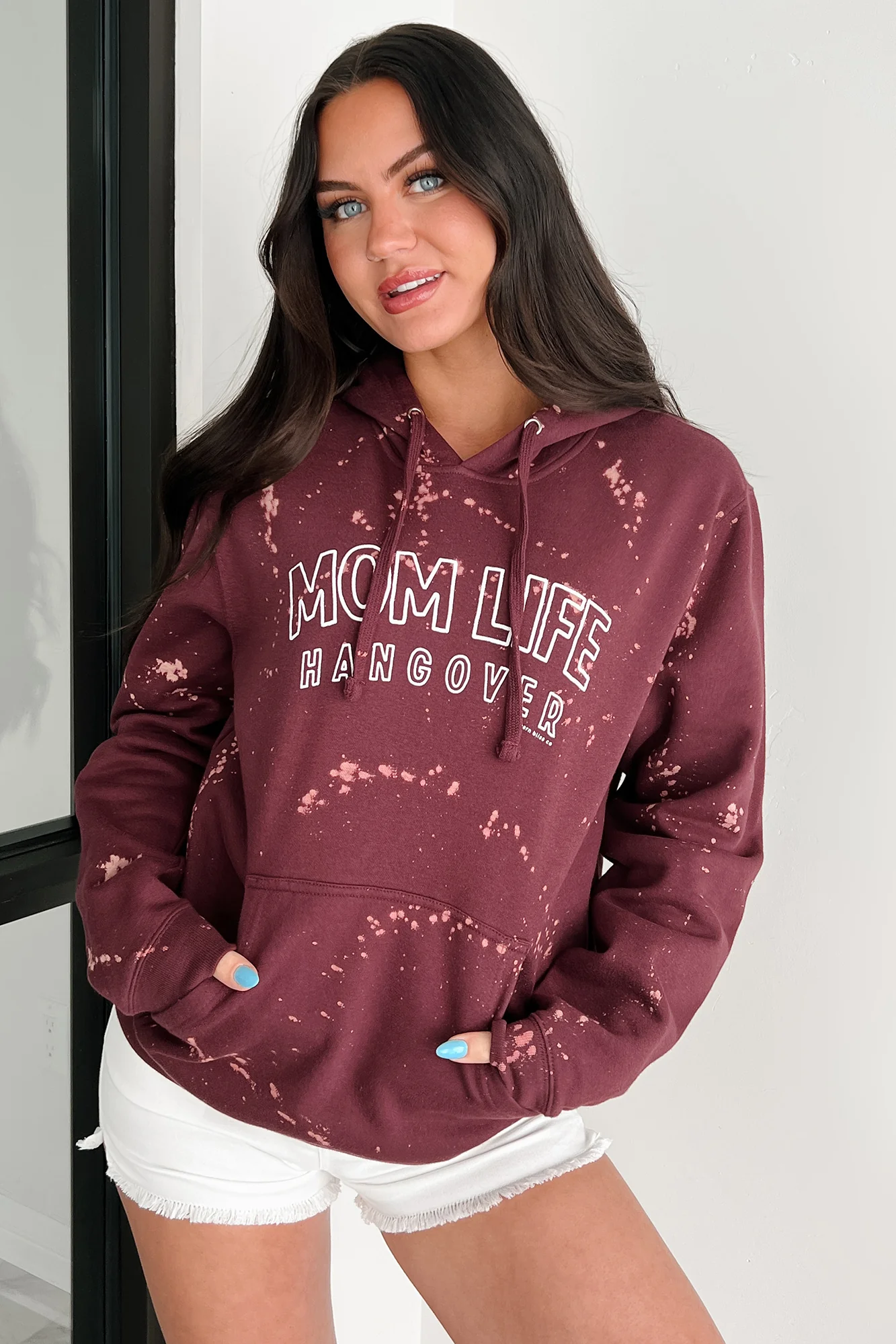 "MOM LIFE HANGOVER' Bleached Graphic Hoodie (Maroon) - Image 6