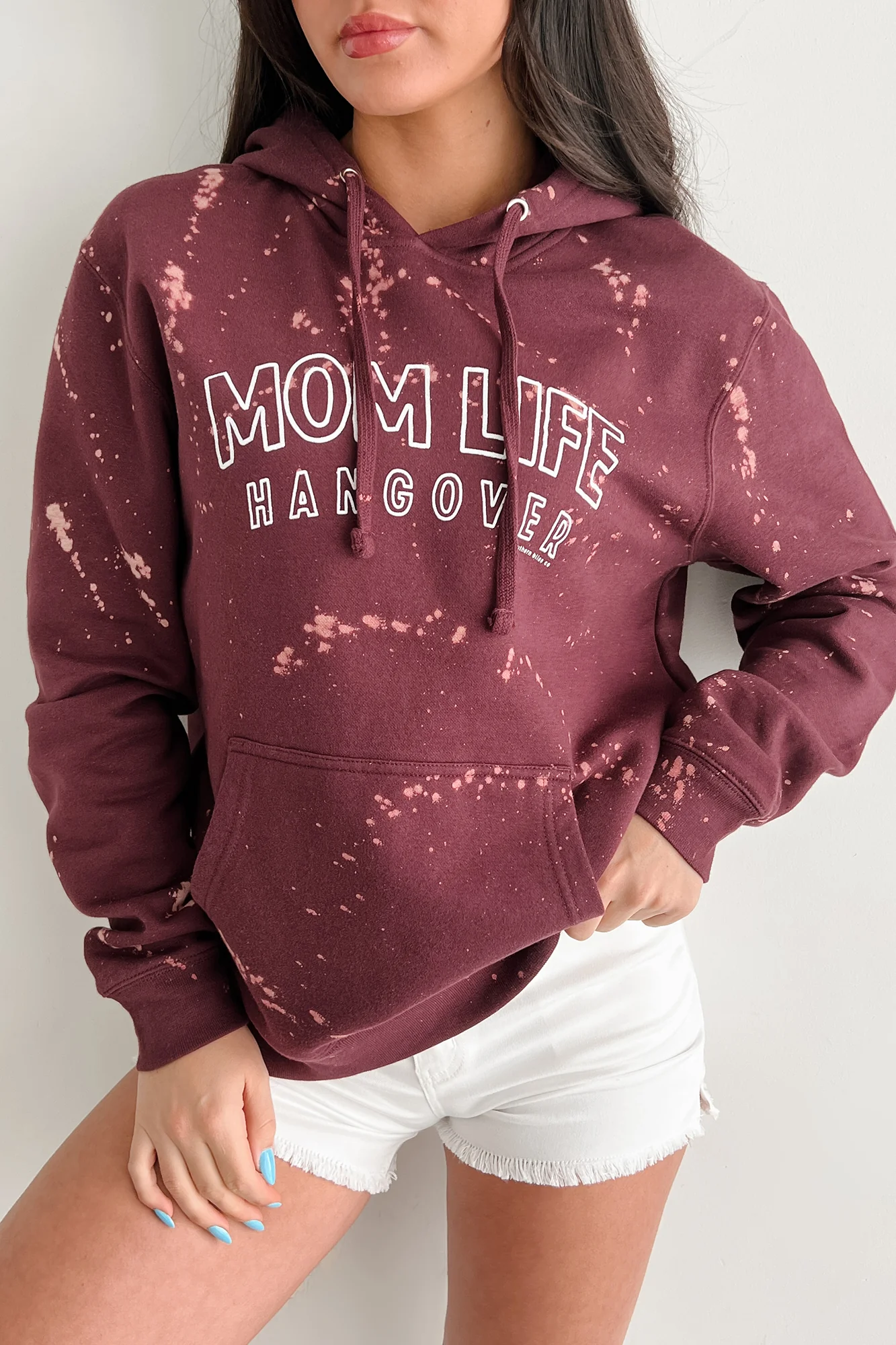 "MOM LIFE HANGOVER' Bleached Graphic Hoodie (Maroon) - Image 8