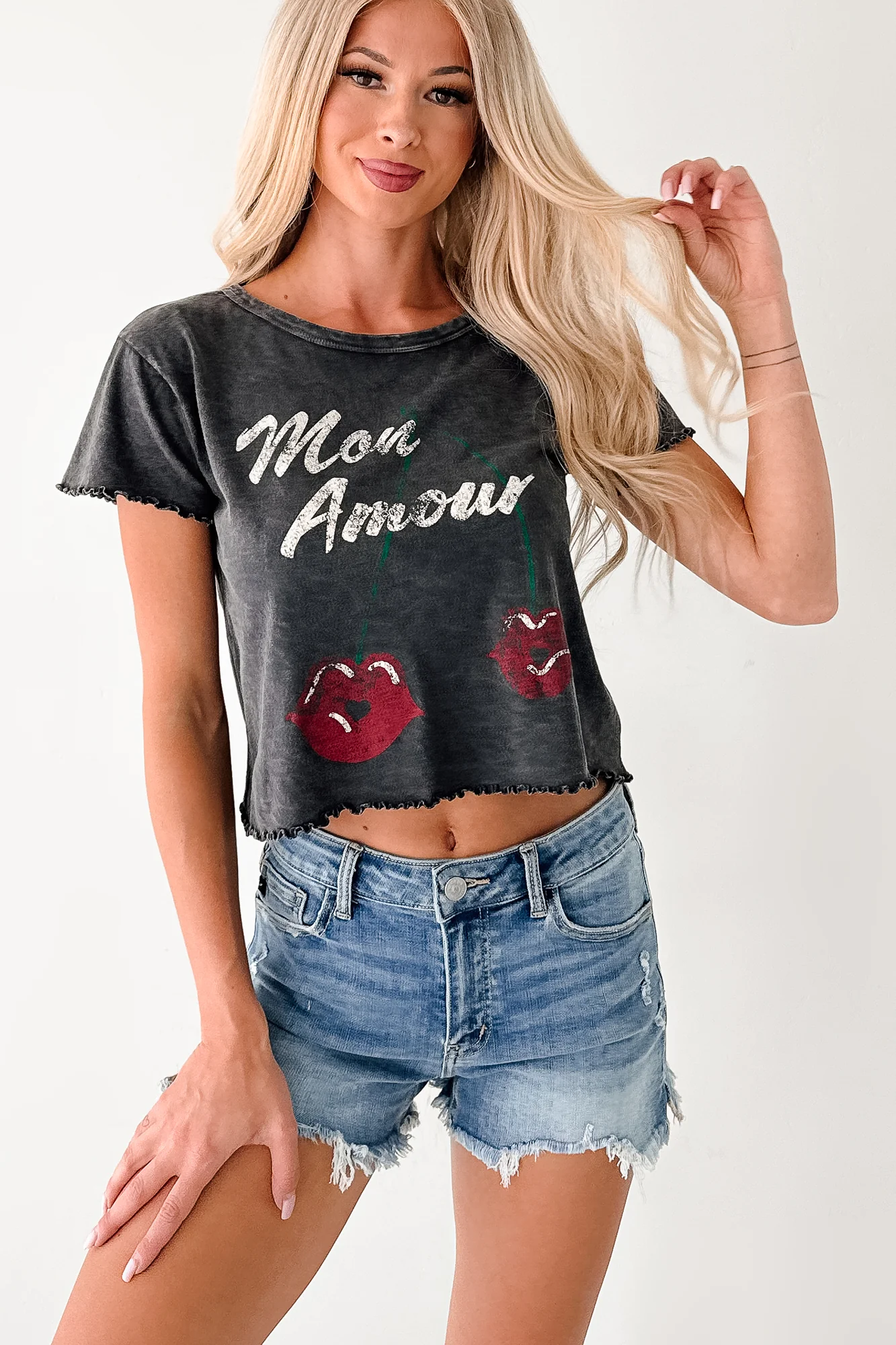"Mon Amour" Acid Wash Graphic Top (Charcoal) - Image 4