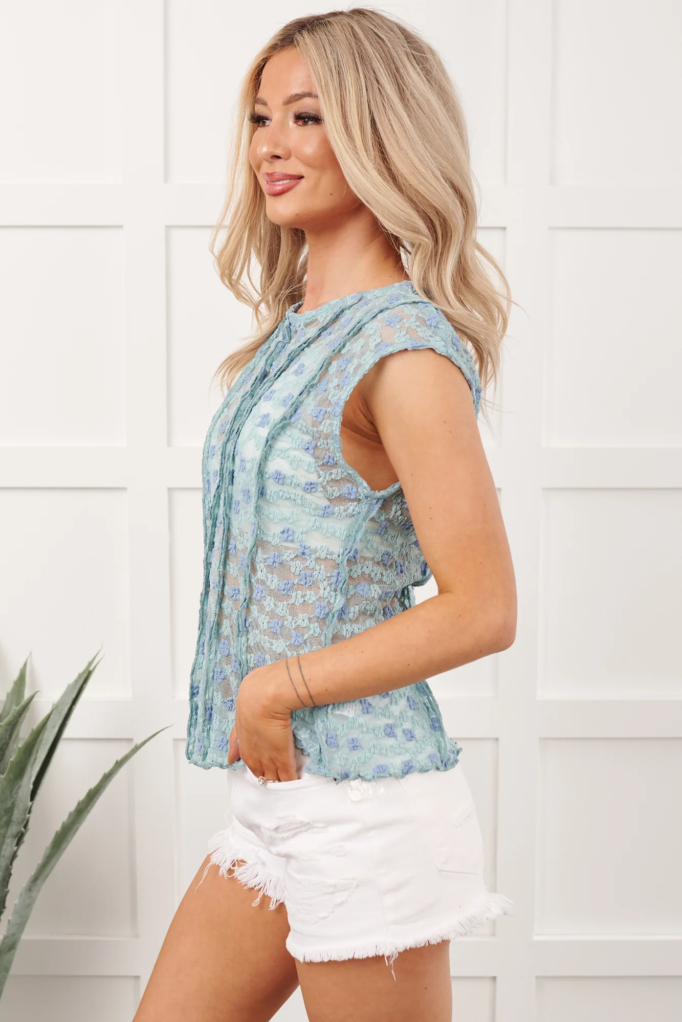 Moonlight Crush Sheer Floral Lace Top (Blue Multi) - Image 5