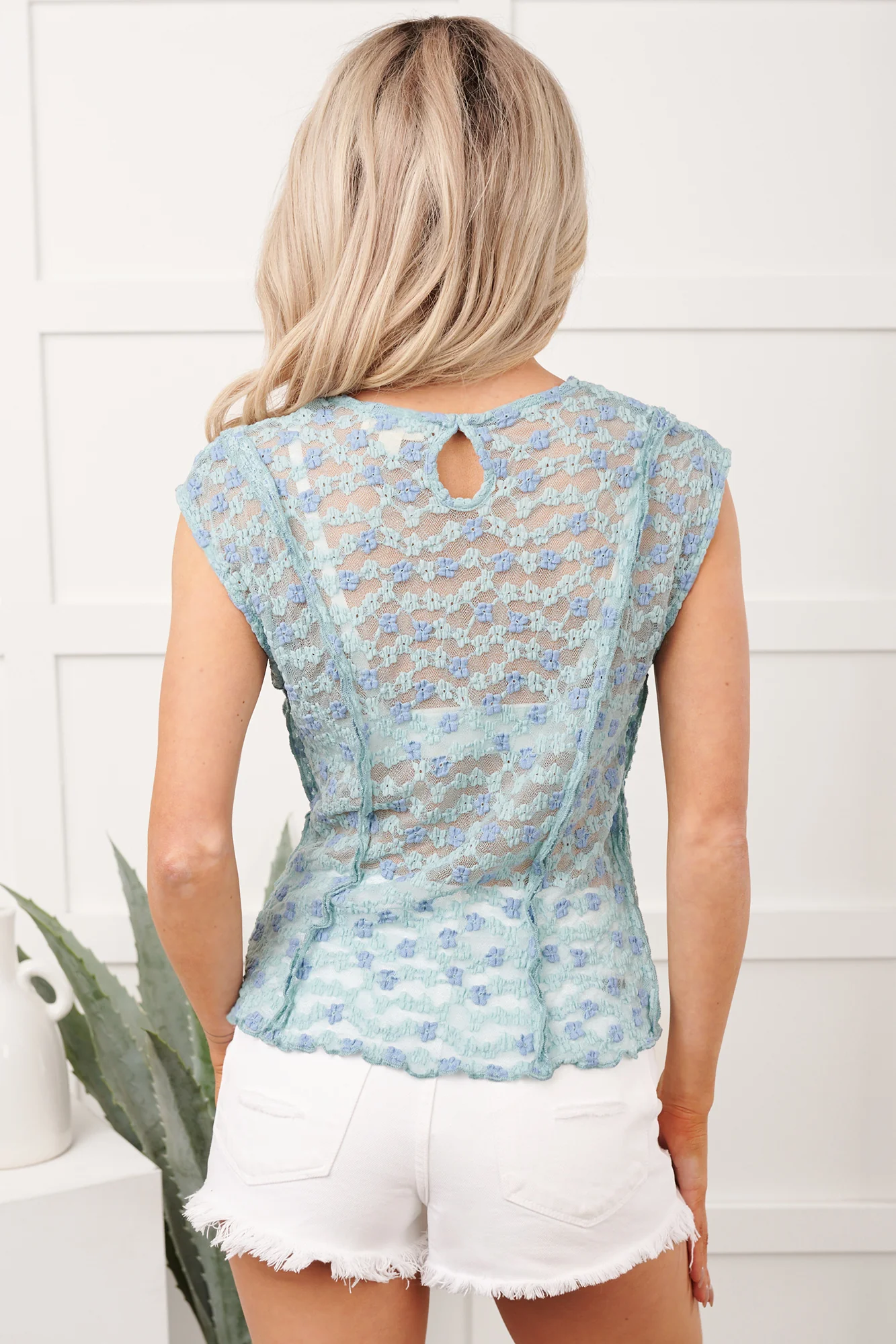 Moonlight Crush Sheer Floral Lace Top (Blue Multi) - Image 6