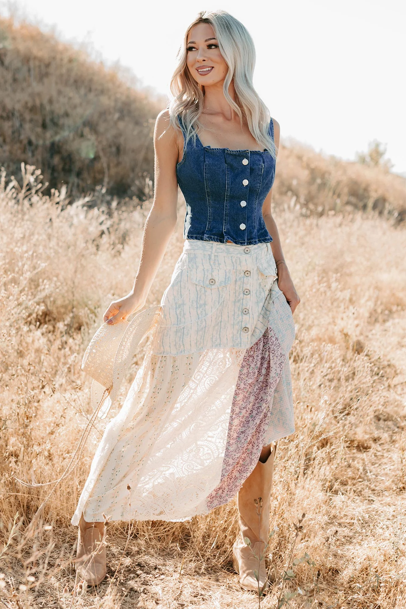 Moonlit Path Patchwork Maxi POL Skirt (Blue/Multi) - Image 3