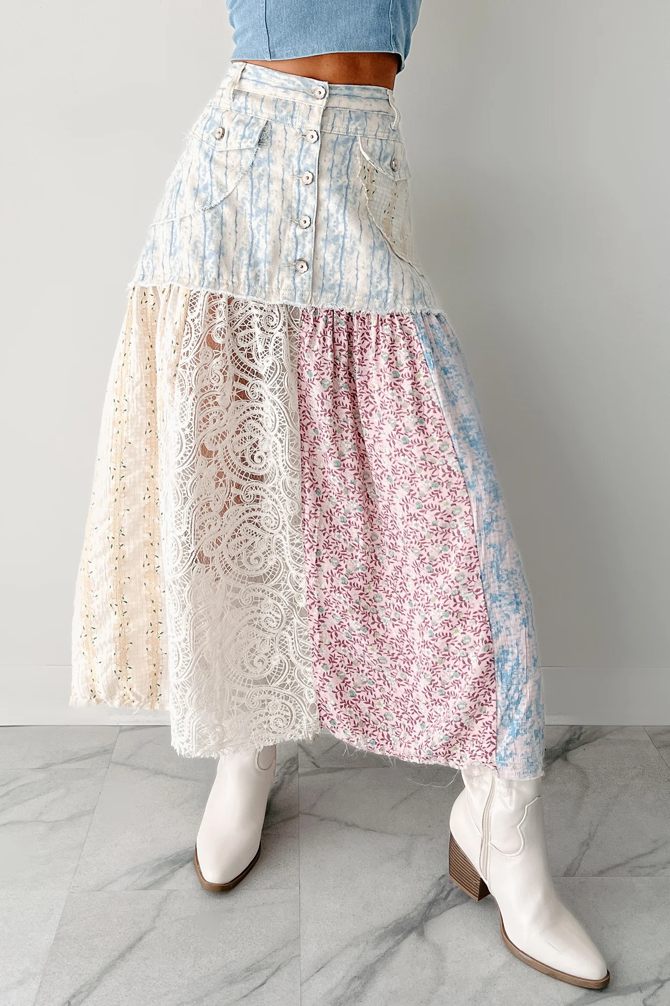 Moonlit Path Patchwork Maxi POL Skirt (Blue/Multi) - Image 5