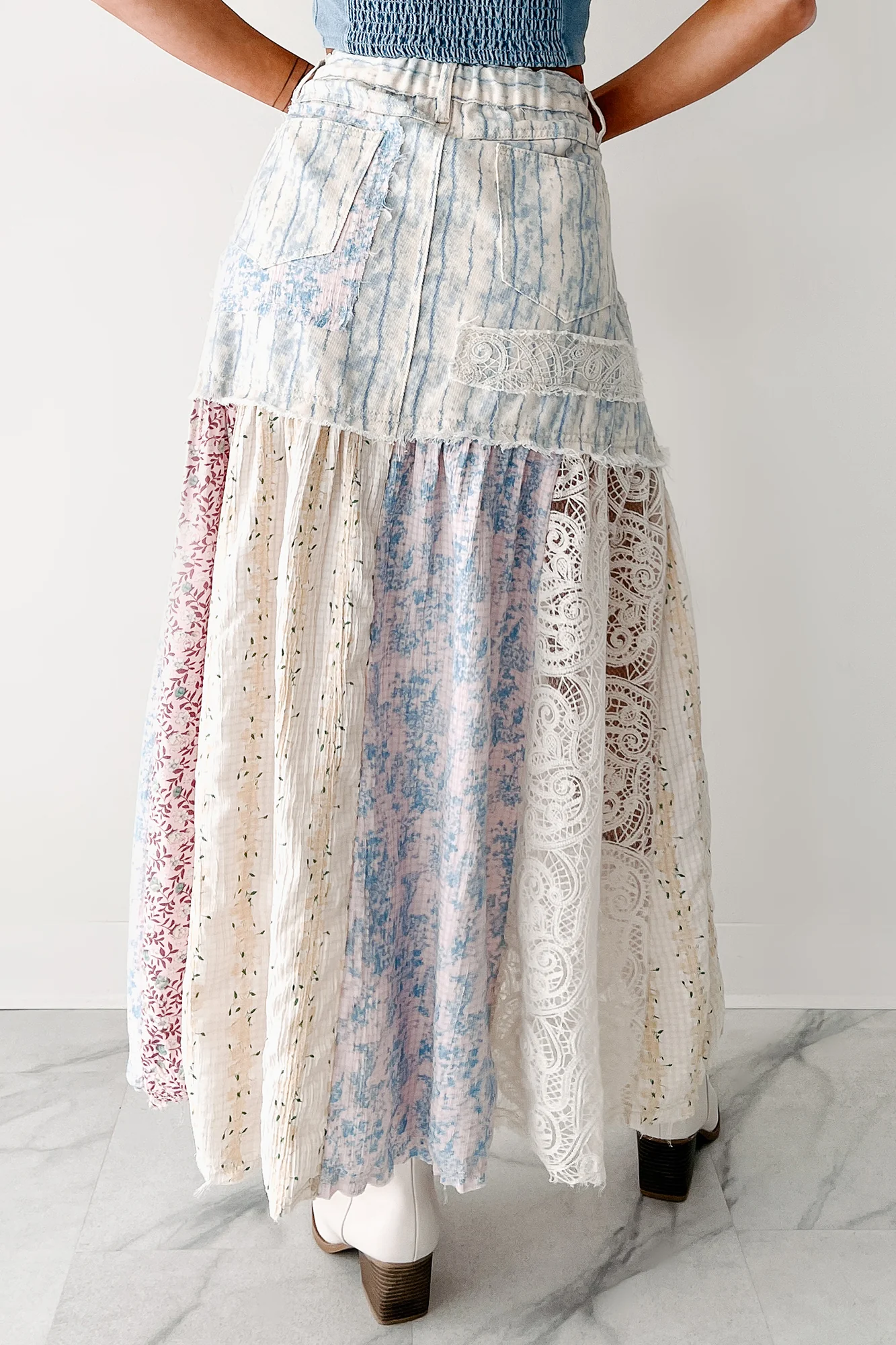 Moonlit Path Patchwork Maxi POL Skirt (Blue/Multi) - Image 6