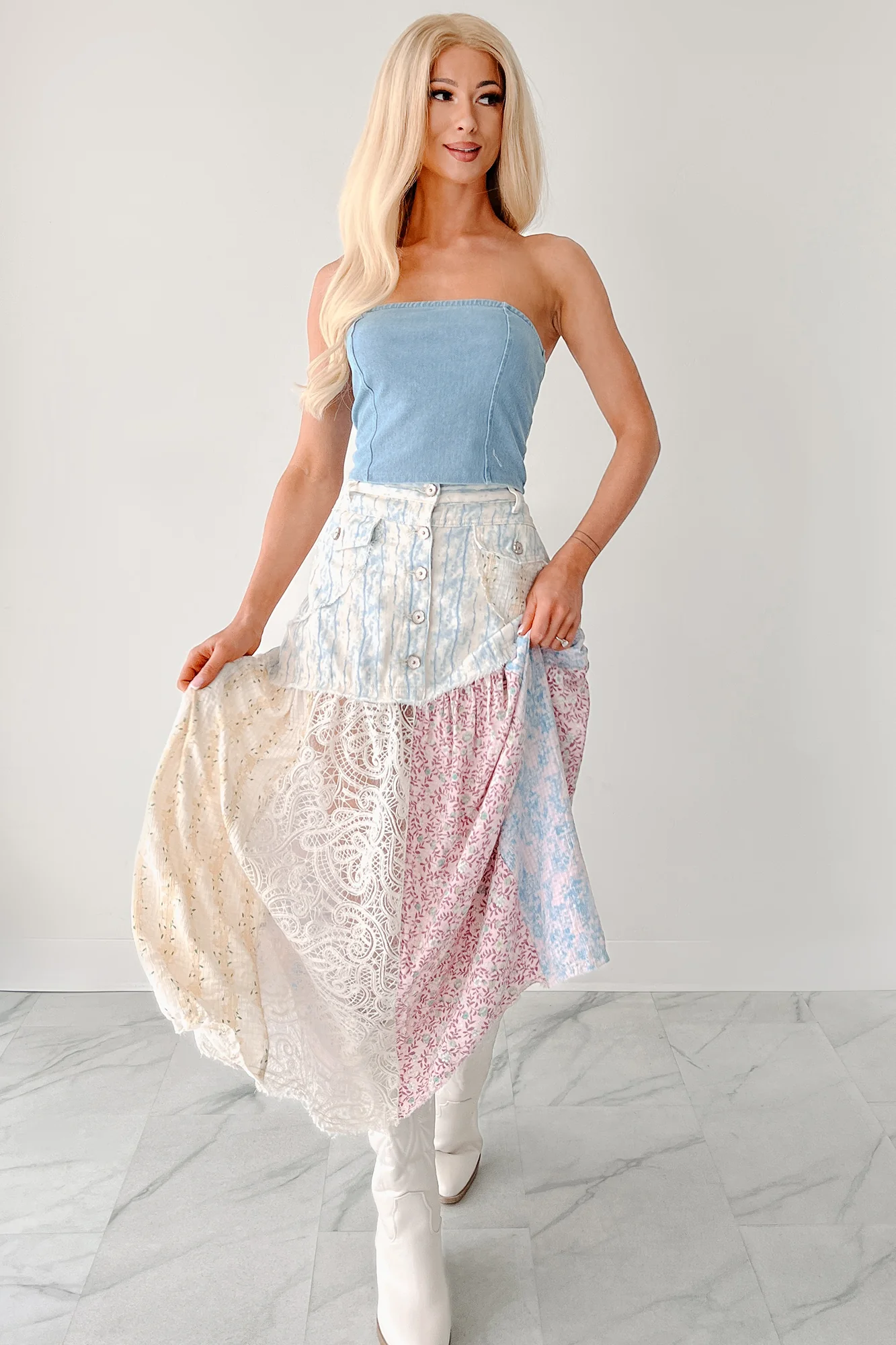 Moonlit Path Patchwork Maxi POL Skirt (Blue/Multi) - Image 8
